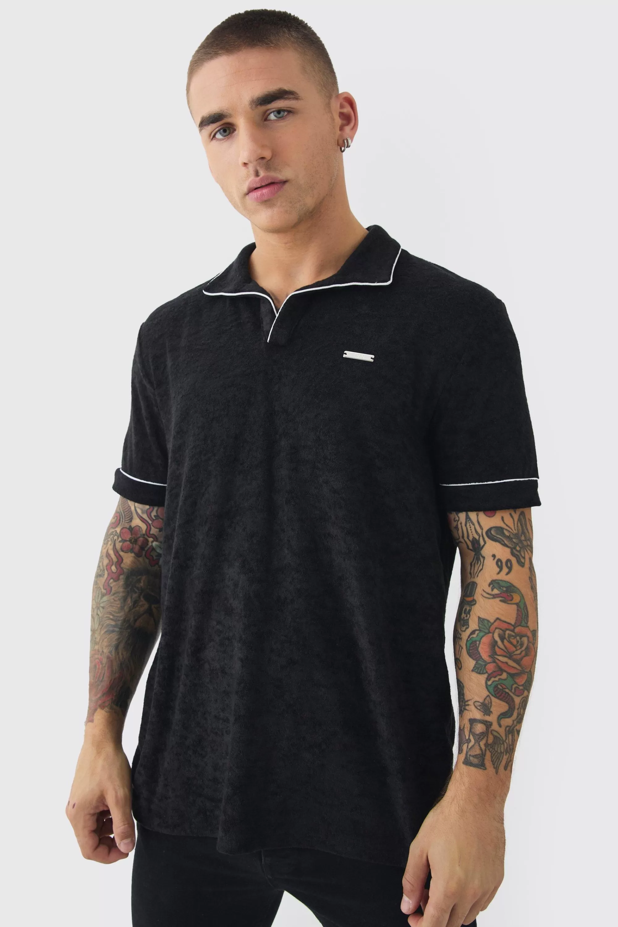 boohooMAN Towelling Polo With Piping & Metal Tab | UK black Sale