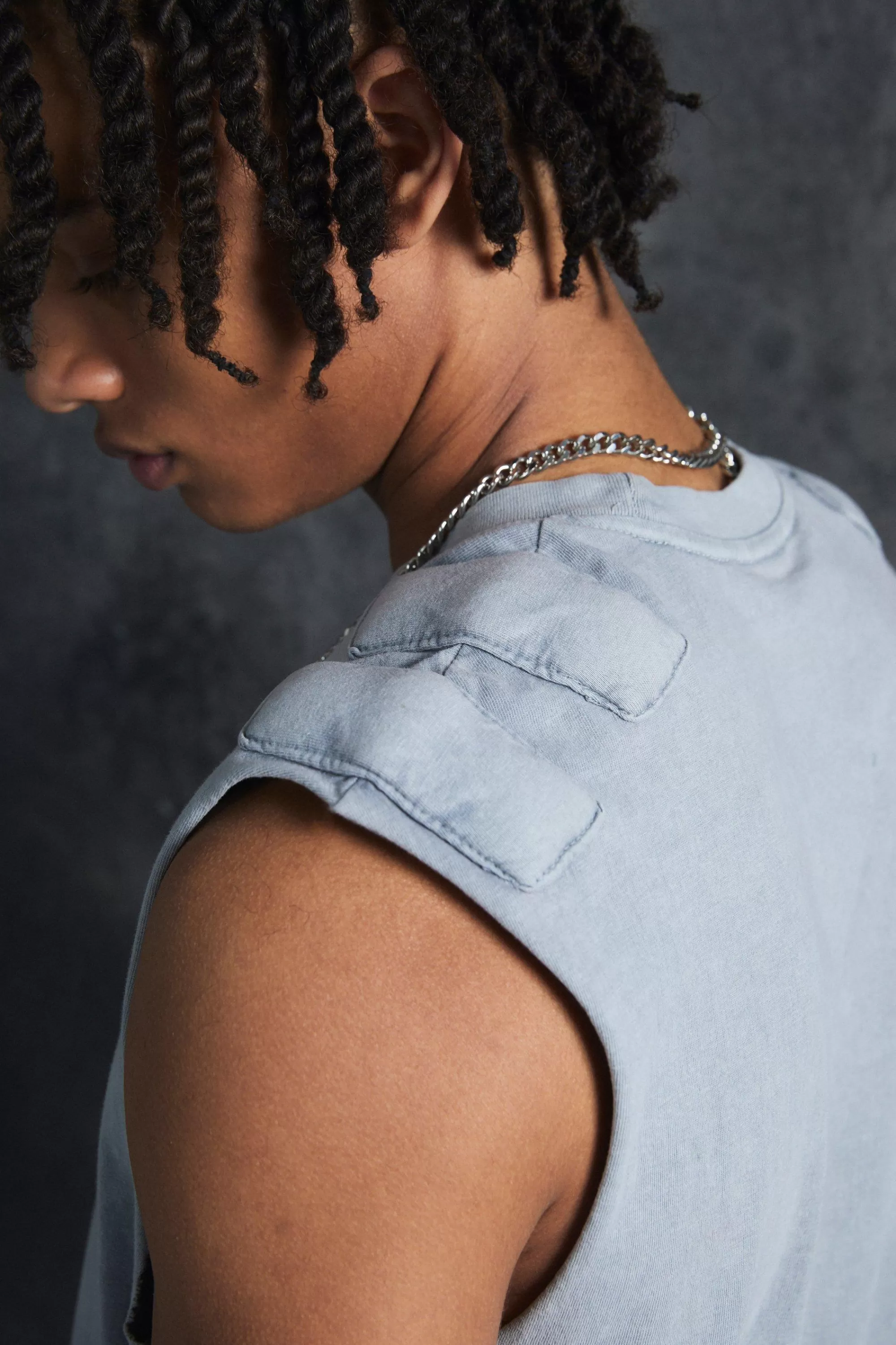boohooMAN Trippie Redd Baby Fit Heavy Washed Padded Tank | UK charcoal Fashion
