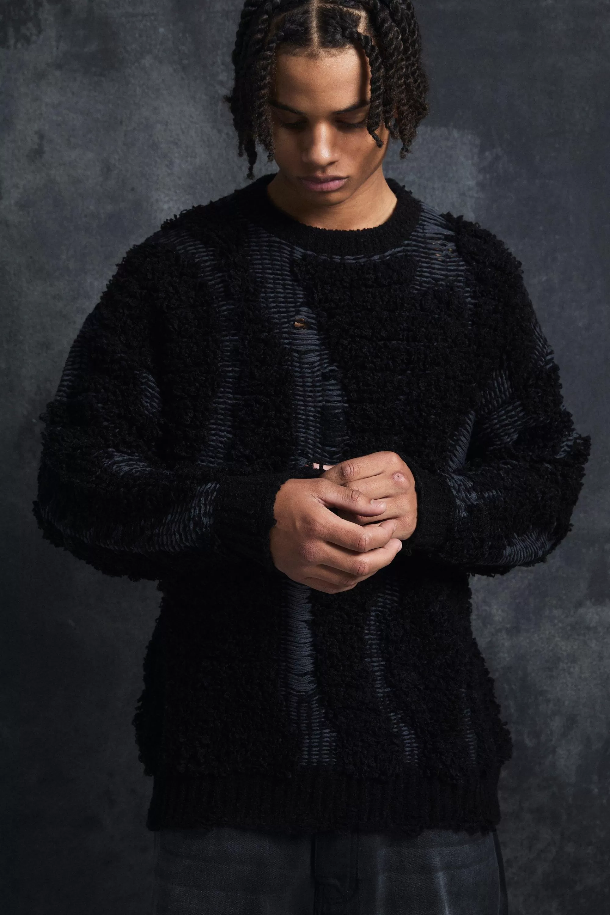 boohooMAN Trippie Redd Drop Stitch Textured Boxy Oversized Jumper | UK black Hot