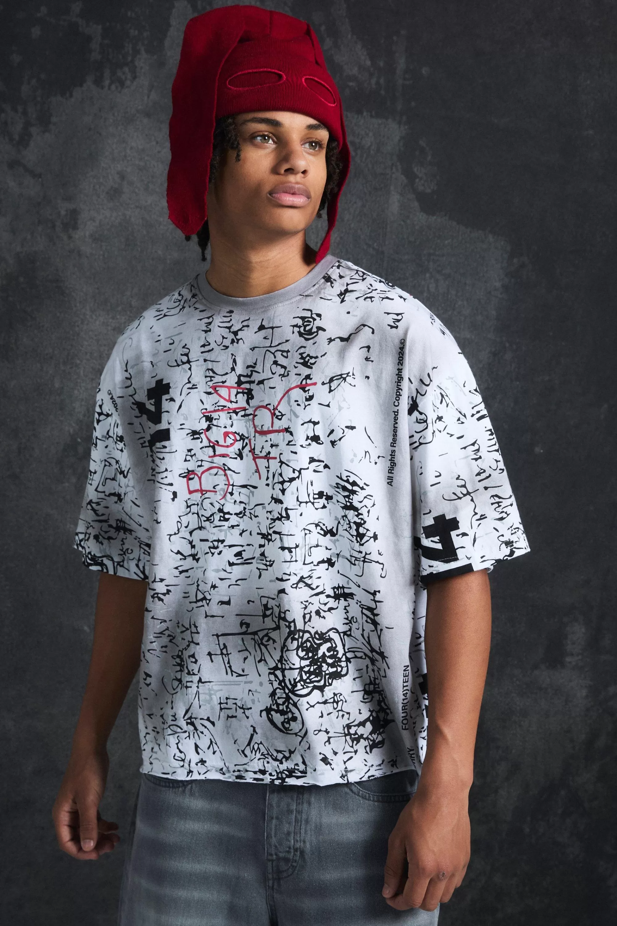 boohooMAN Trippie Redd Oversized Boxy Heavy Washed All Over Print T-shirt | UK white Outlet
