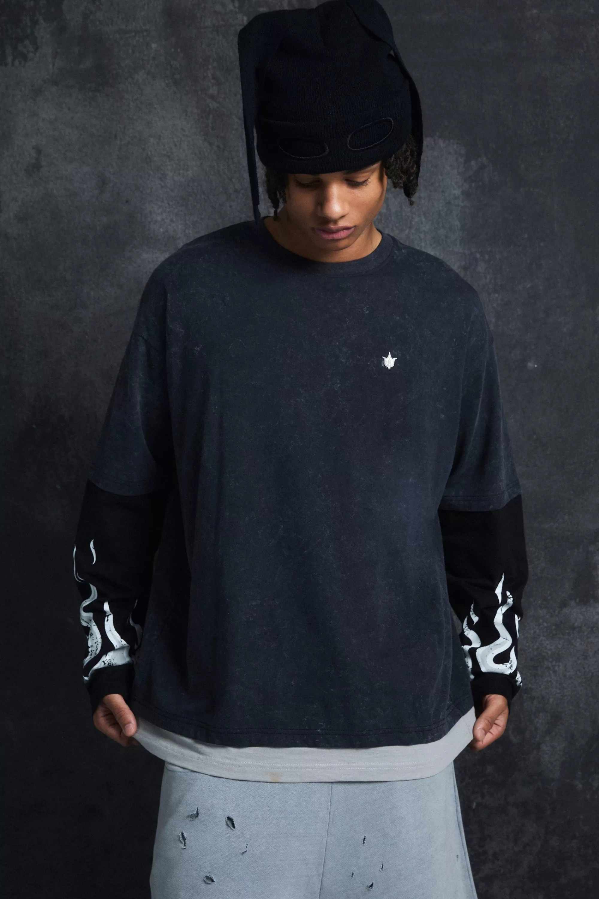 boohooMAN Trippie Redd Oversized Boxy Heavy Washed Faux Layer Flame Print T-shirt | UK charcoal Outlet