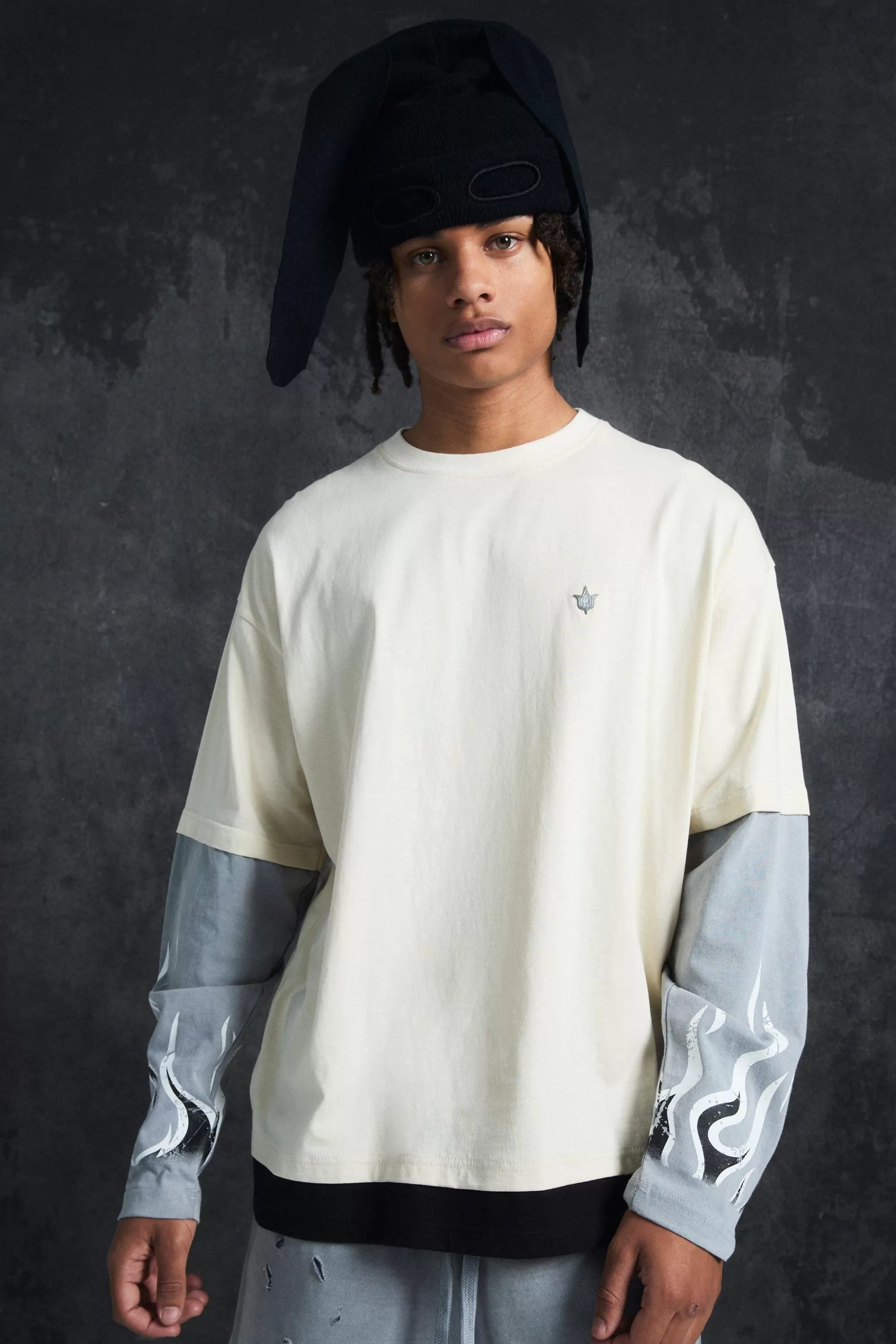 boohooMAN Trippie Redd Oversized Boxy Heavy Washed Faux Layer Flame Print T-shirt | UK ecru New