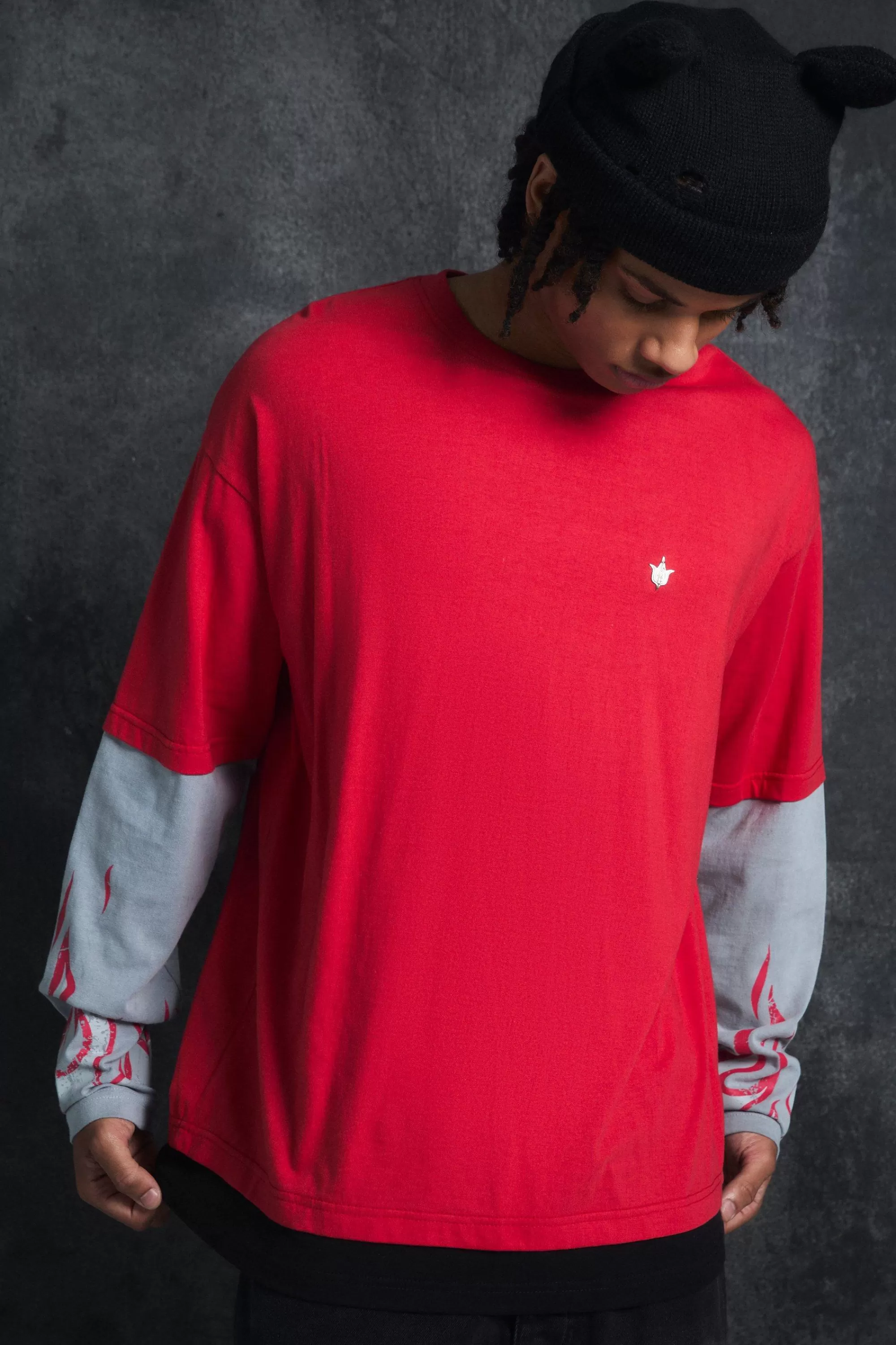 boohooMAN Trippie d Oversized Boxy Heavy Washed Faux Layer Flame Print T-shirt | UK red Cheap