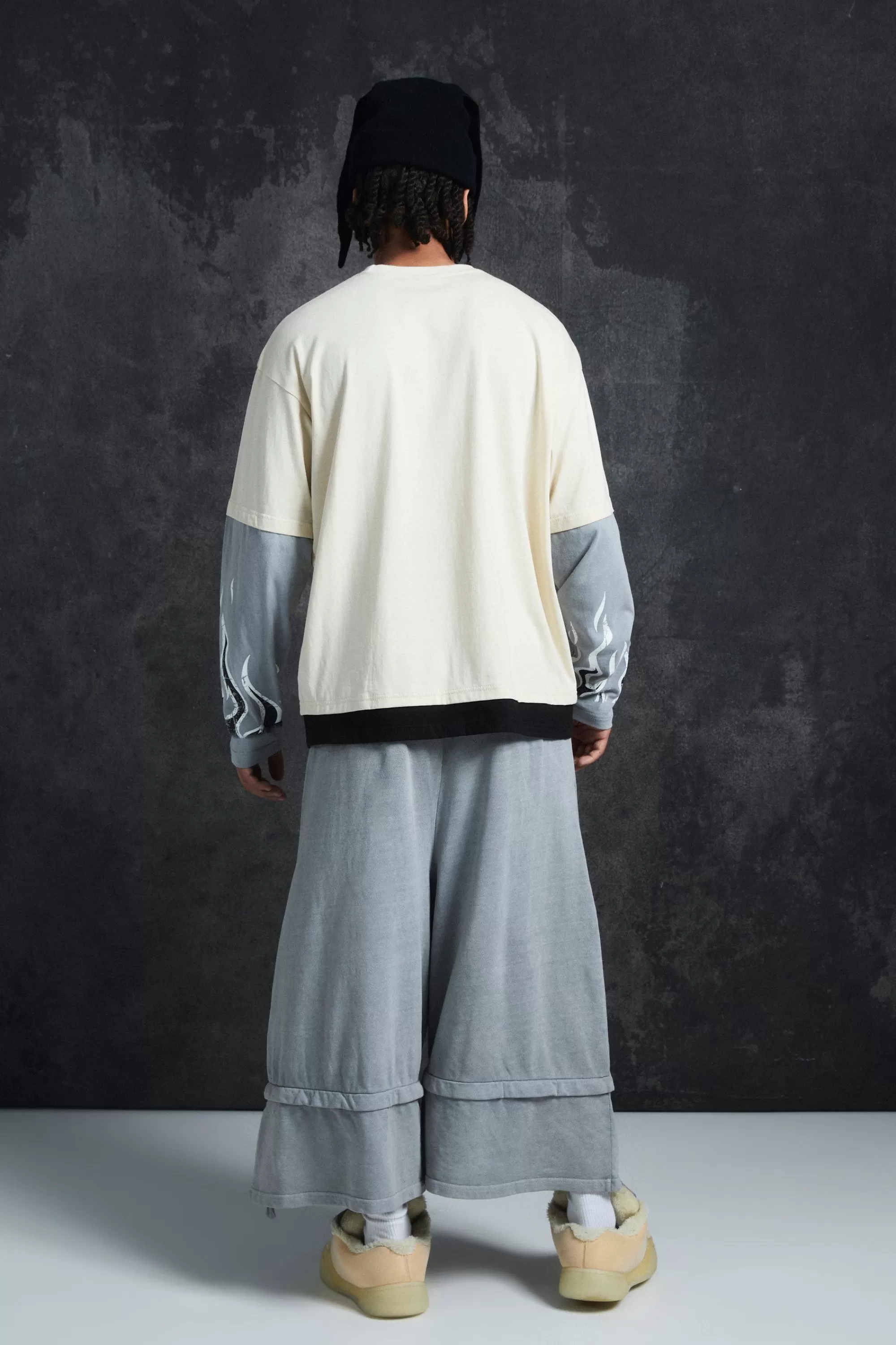 boohooMAN Trippie Redd Oversized Boxy Heavy Washed Faux Layer Flame Print T-shirt | UK ecru New
