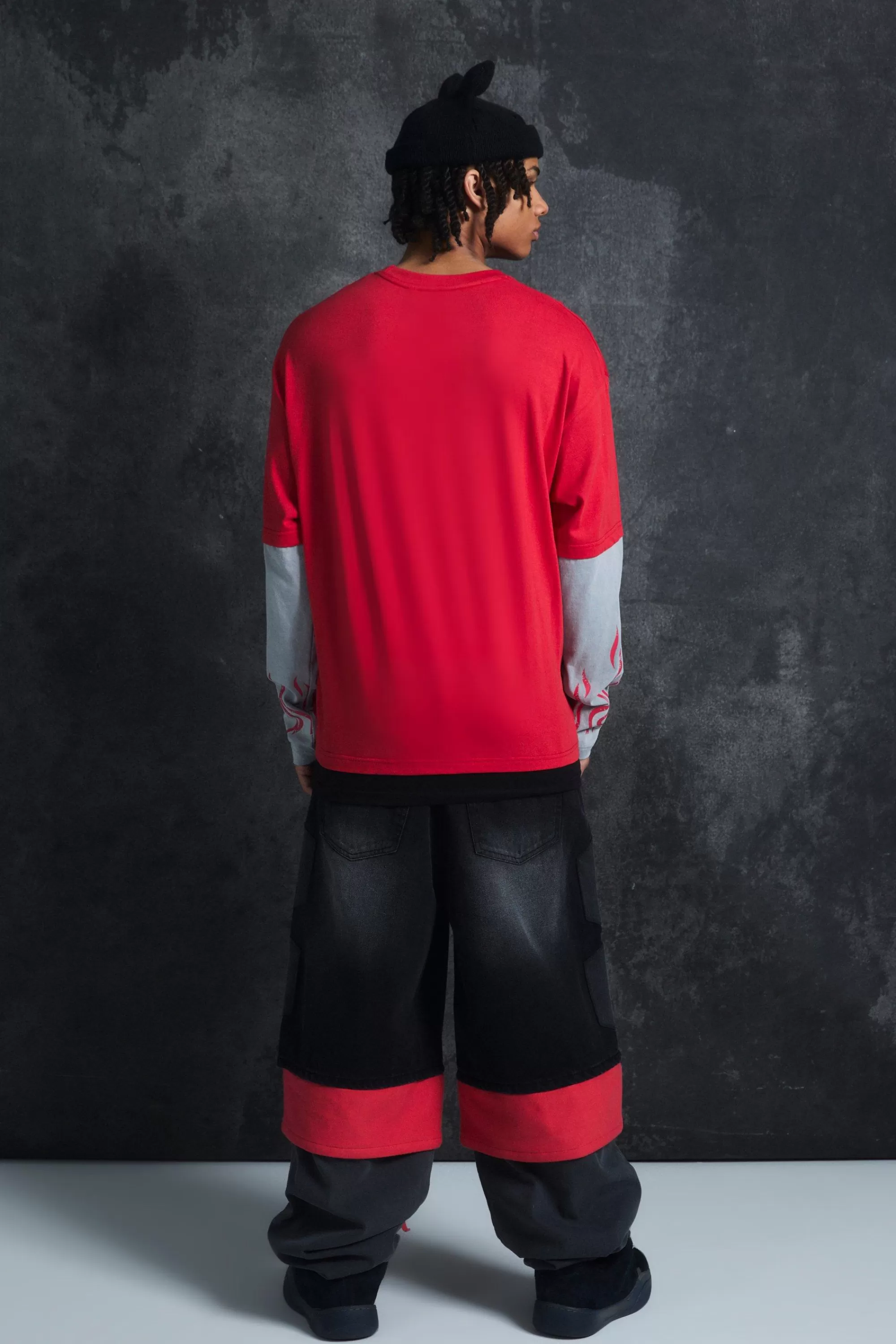 boohooMAN Trippie d Oversized Boxy Heavy Washed Faux Layer Flame Print T-shirt | UK red Cheap
