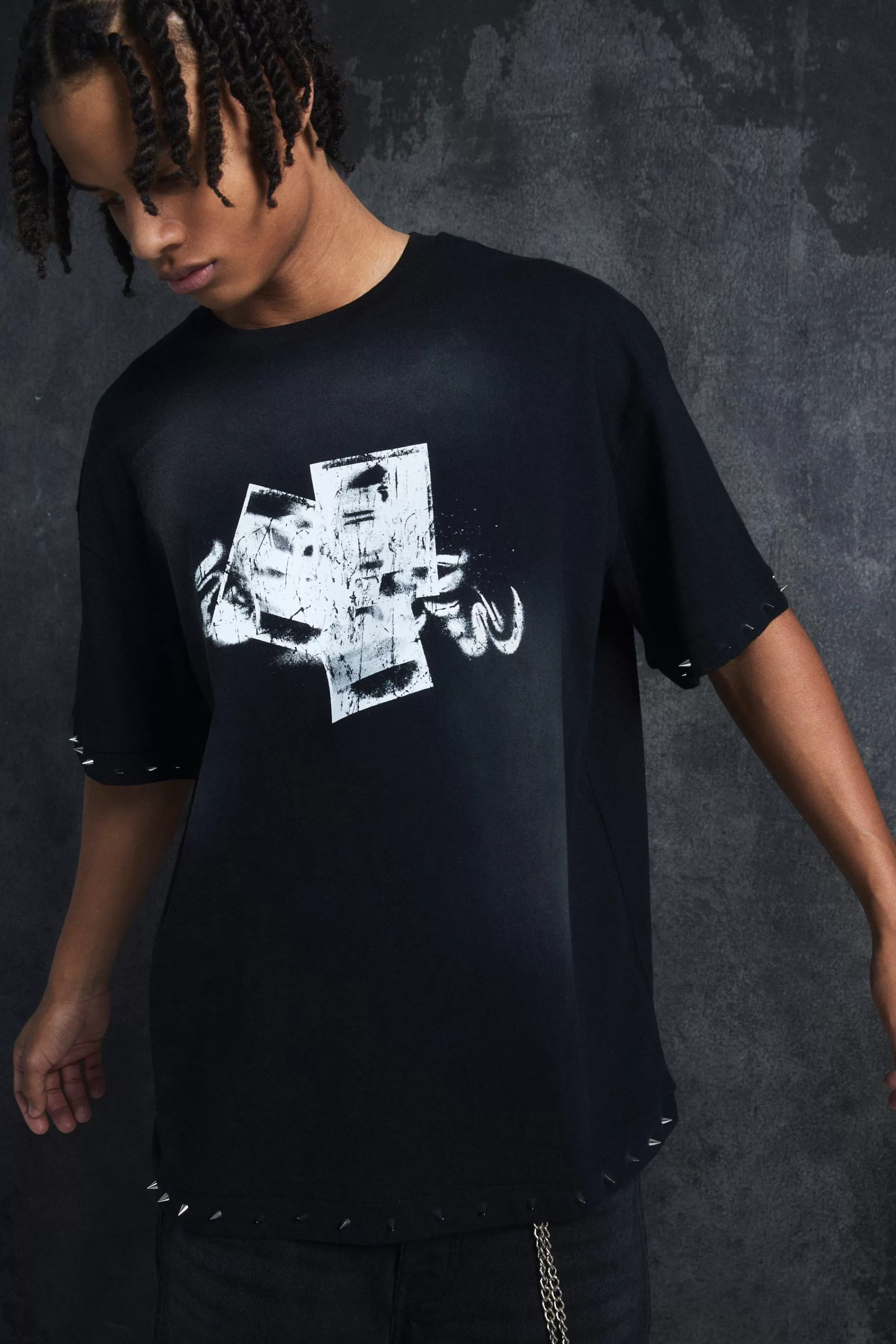 boohooMAN Trippie Redd Oversized Boxy Washed Heavy Weight Ring Detail T-Shirt | UK black Sale