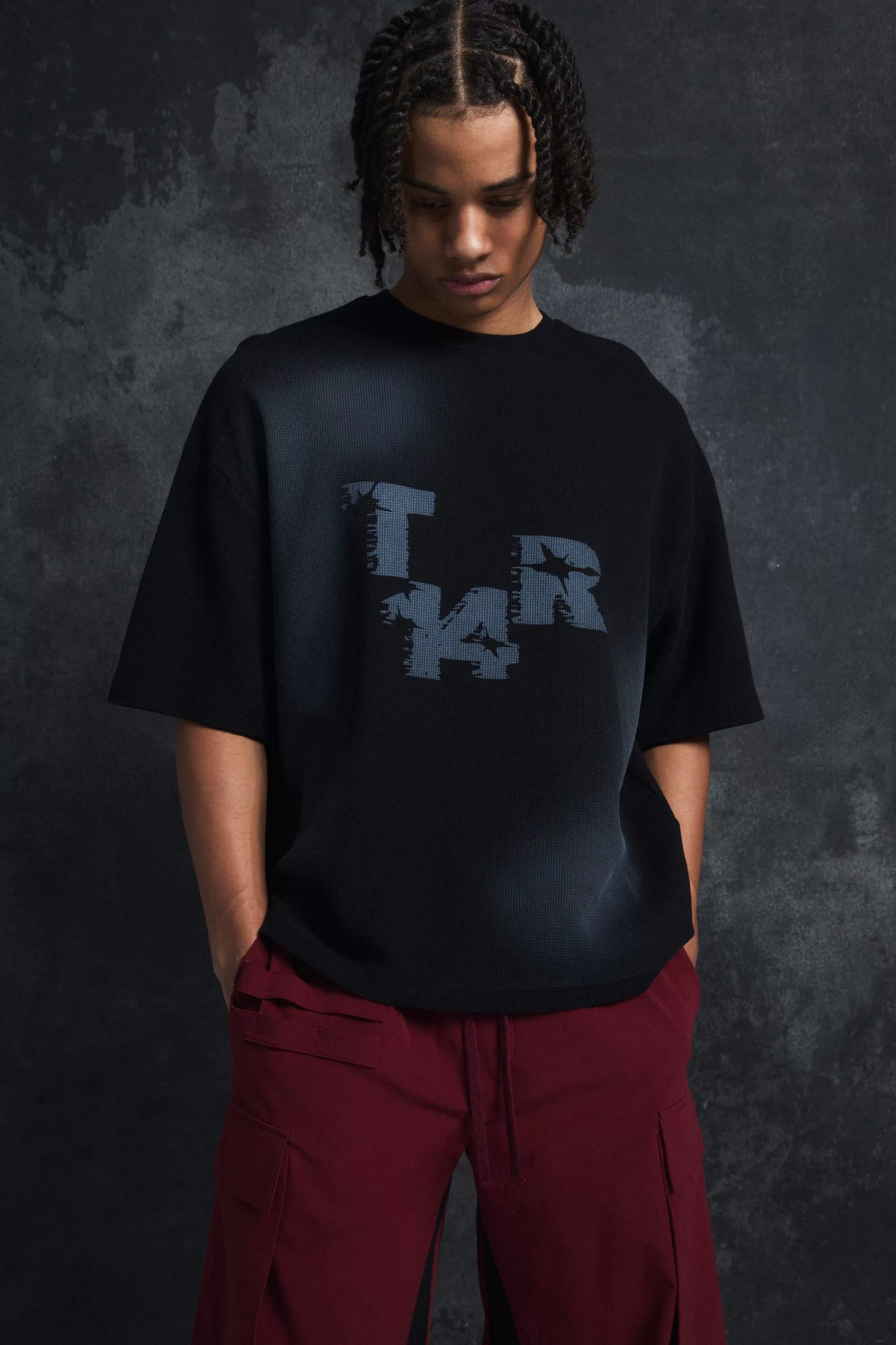 boohooMAN Trippie Redd Oversized Boxy Washed Waffle 14 Print T-shirt | UK black Store