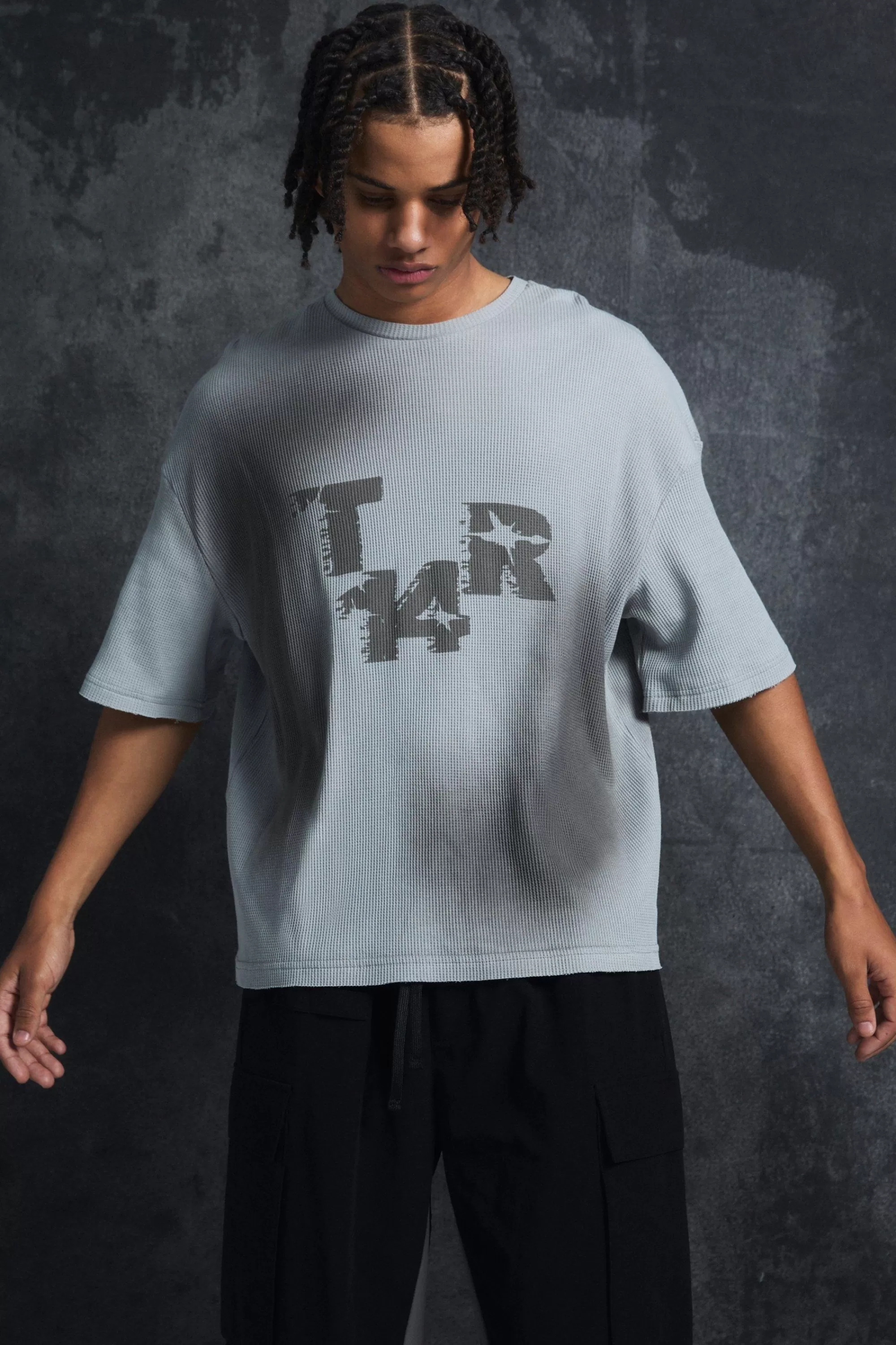 boohooMAN Trippie Redd Oversized Boxy Washed Waffle 14 Print T-shirt | UK charcoal Flash Sale