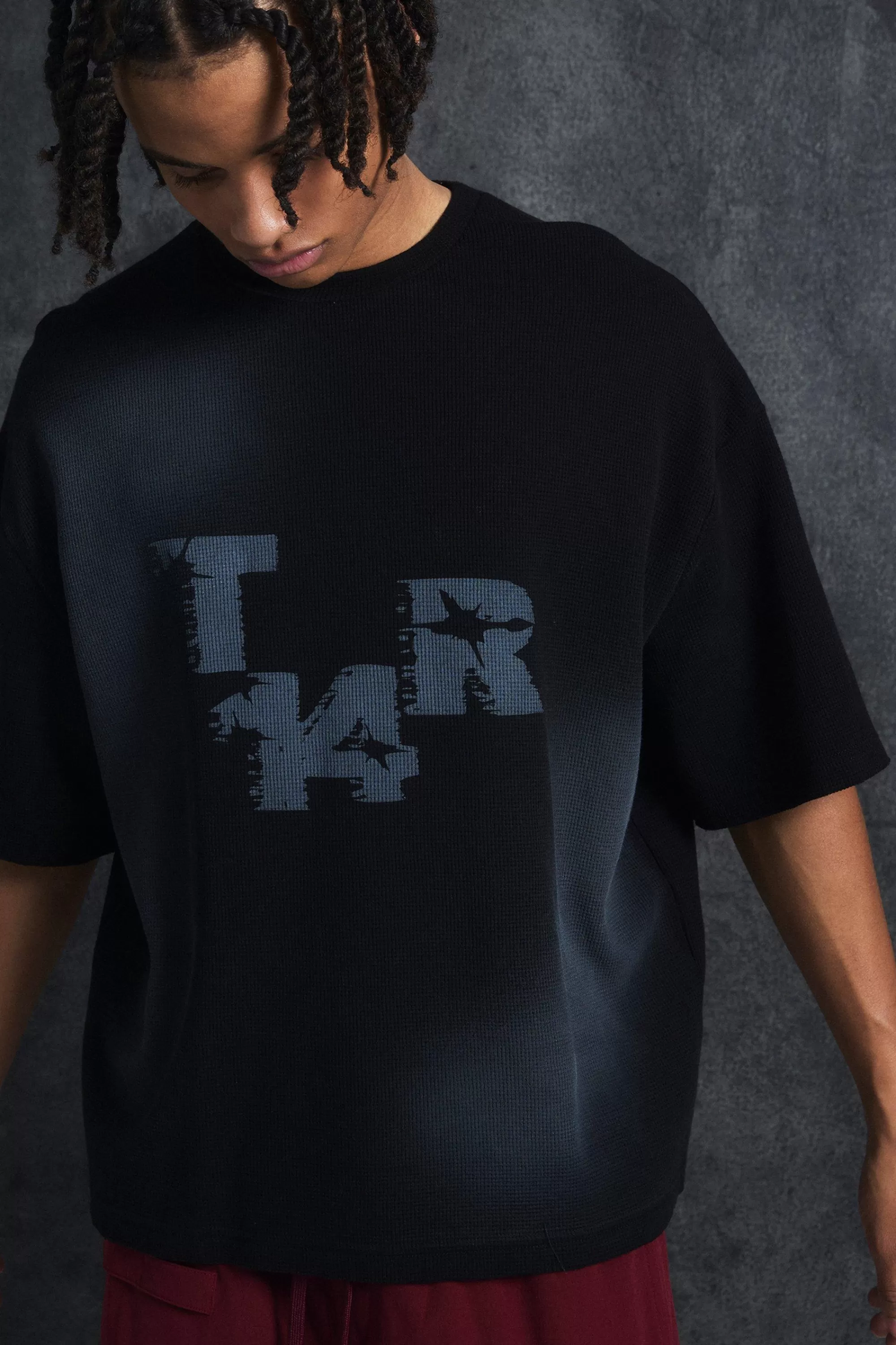 boohooMAN Trippie Redd Oversized Boxy Washed Waffle 14 Print T-shirt | UK black Store