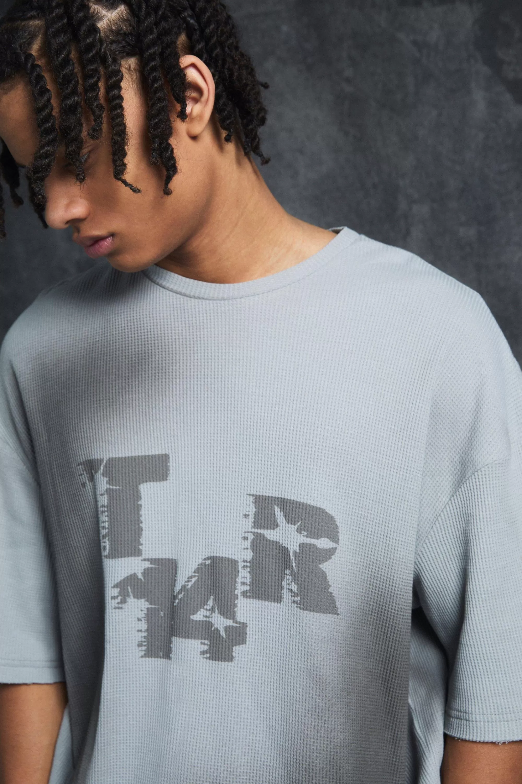 boohooMAN Trippie Redd Oversized Boxy Washed Waffle 14 Print T-shirt | UK charcoal Flash Sale