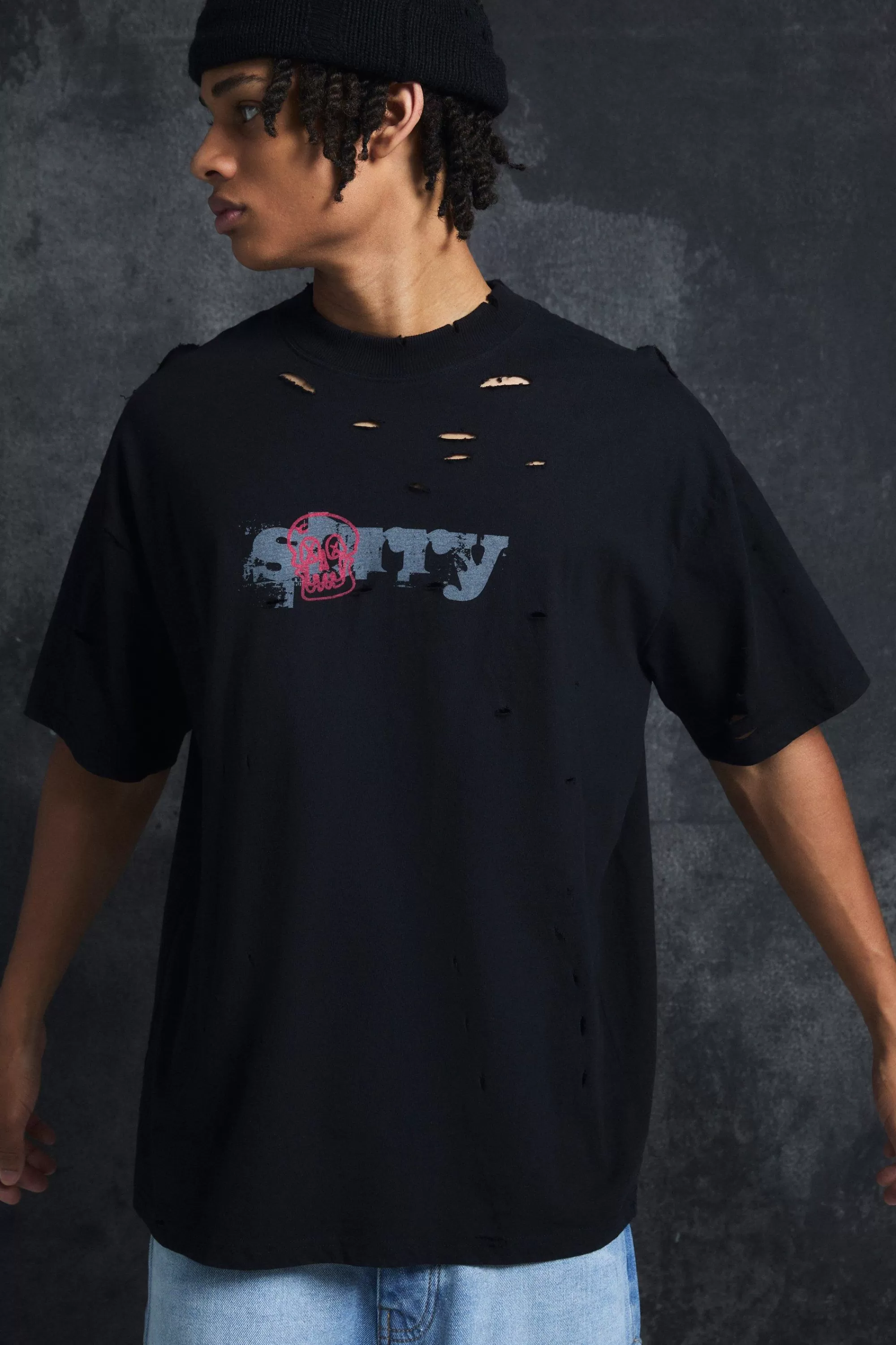 boohooMAN Trippie Redd Oversized Extended Neck Heavy Weight Washed Sorry T-Shirt | UK black Cheap