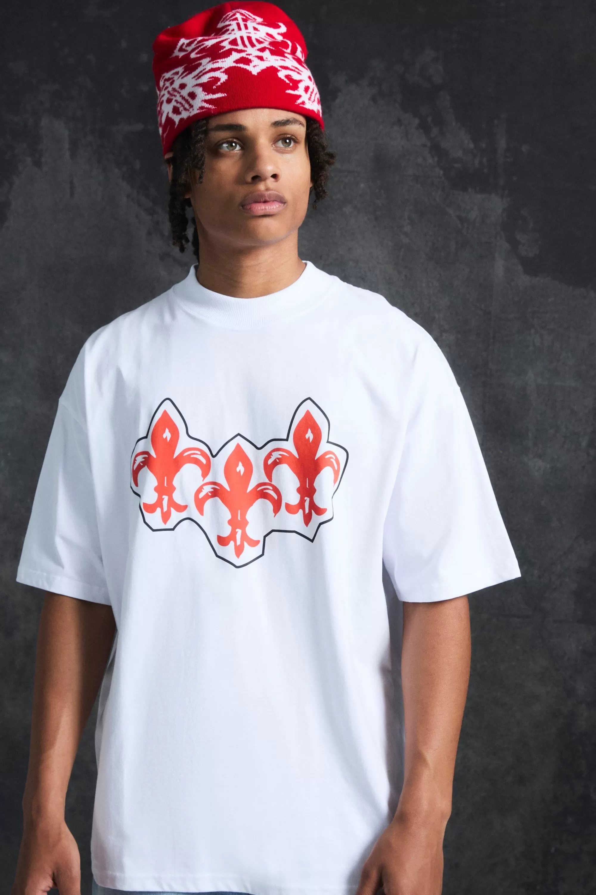 boohooMAN Trippie Redd Oversized Extended Neck Heavyweight Fleur De Lis T-Shirt | UK white Discount