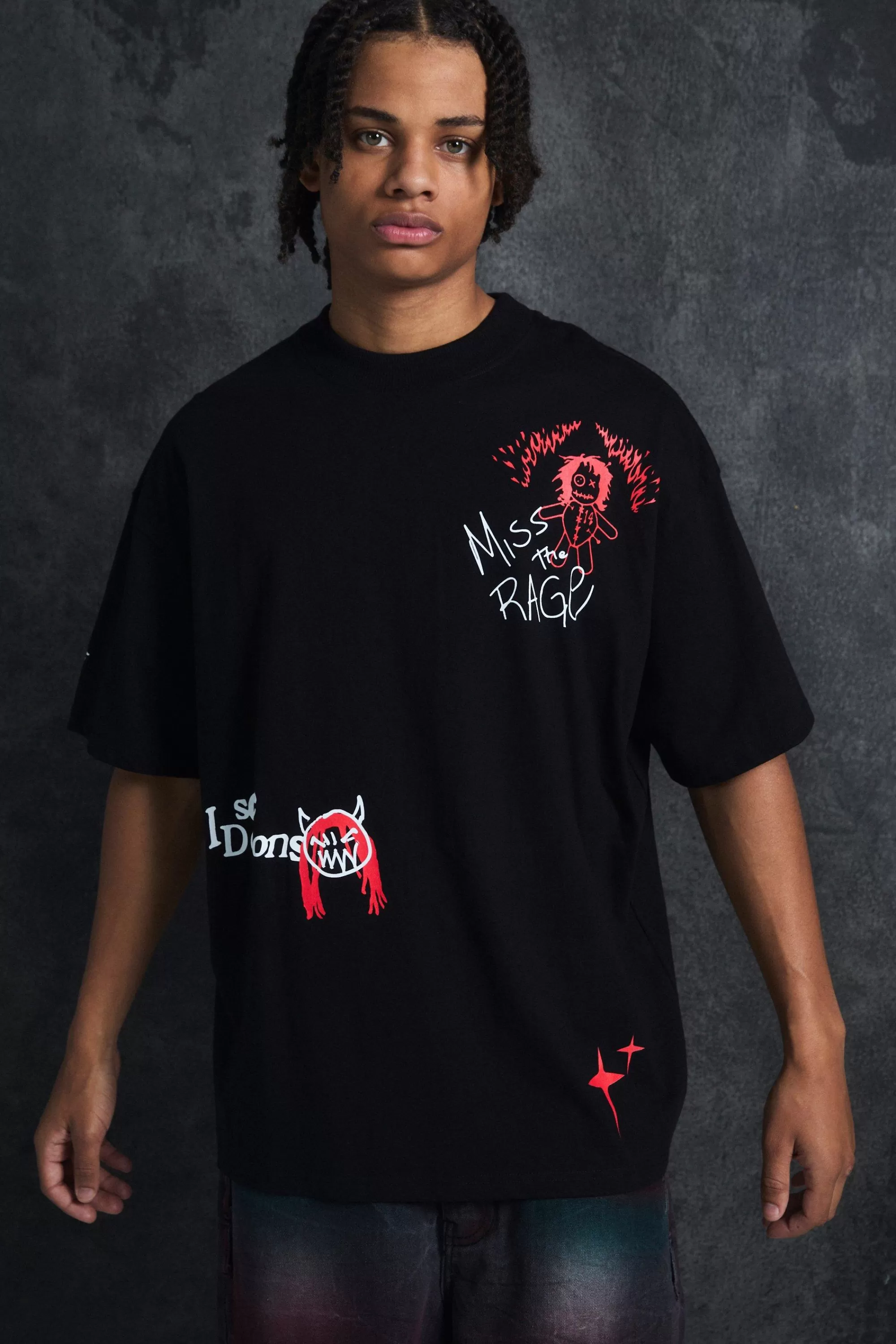 boohooMAN Trippie Redd Oversized Extended Neck Heavyweight Printed T-shirt | UK black New