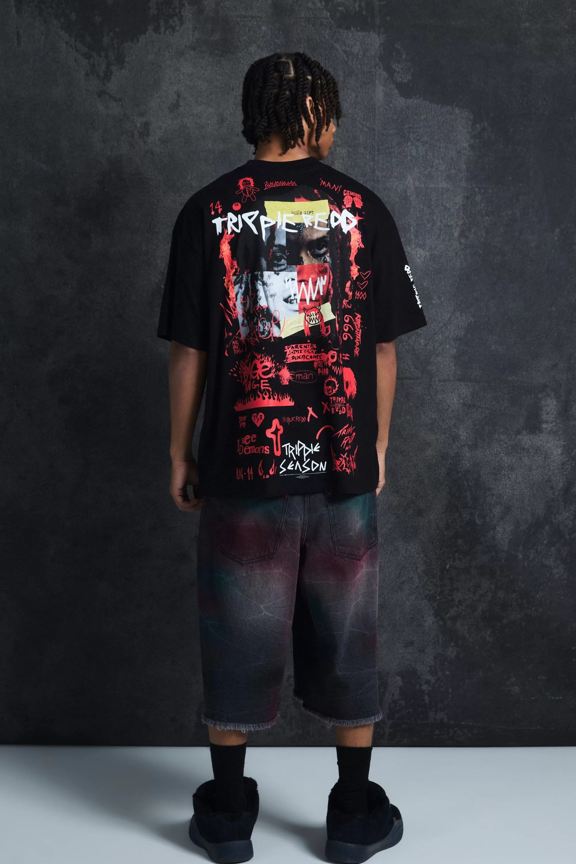 boohooMAN Trippie Redd Oversized Extended Neck Heavyweight Printed T-shirt | UK black New
