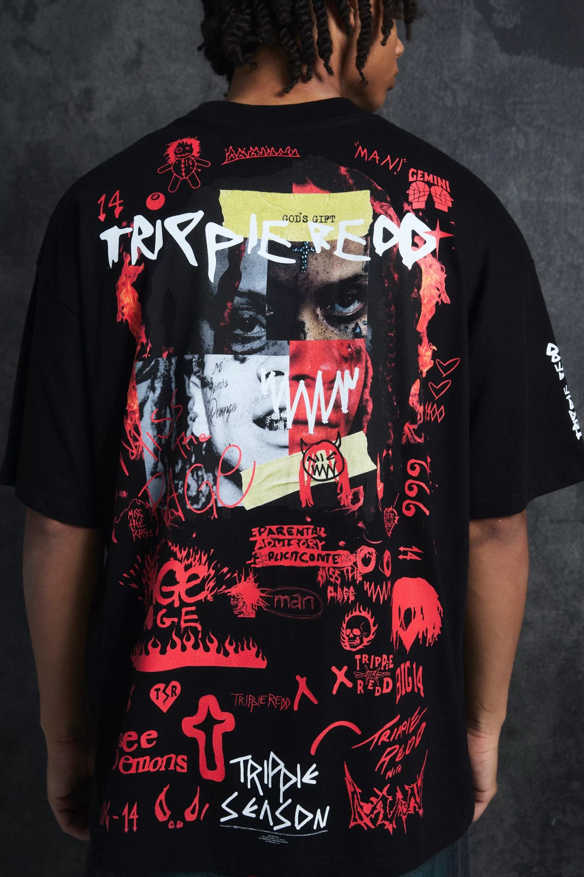 boohooMAN Trippie Redd Oversized Extended Neck Heavyweight Printed T-shirt | UK black New