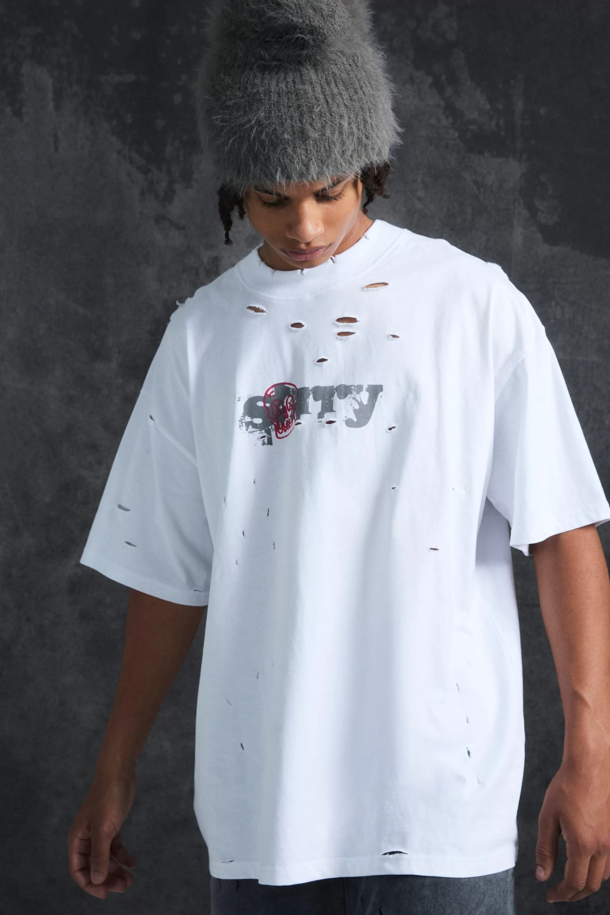 boohooMAN Trippie Redd Oversized Extended Neck Heavyweight Sorry T-shirt | UK white Best