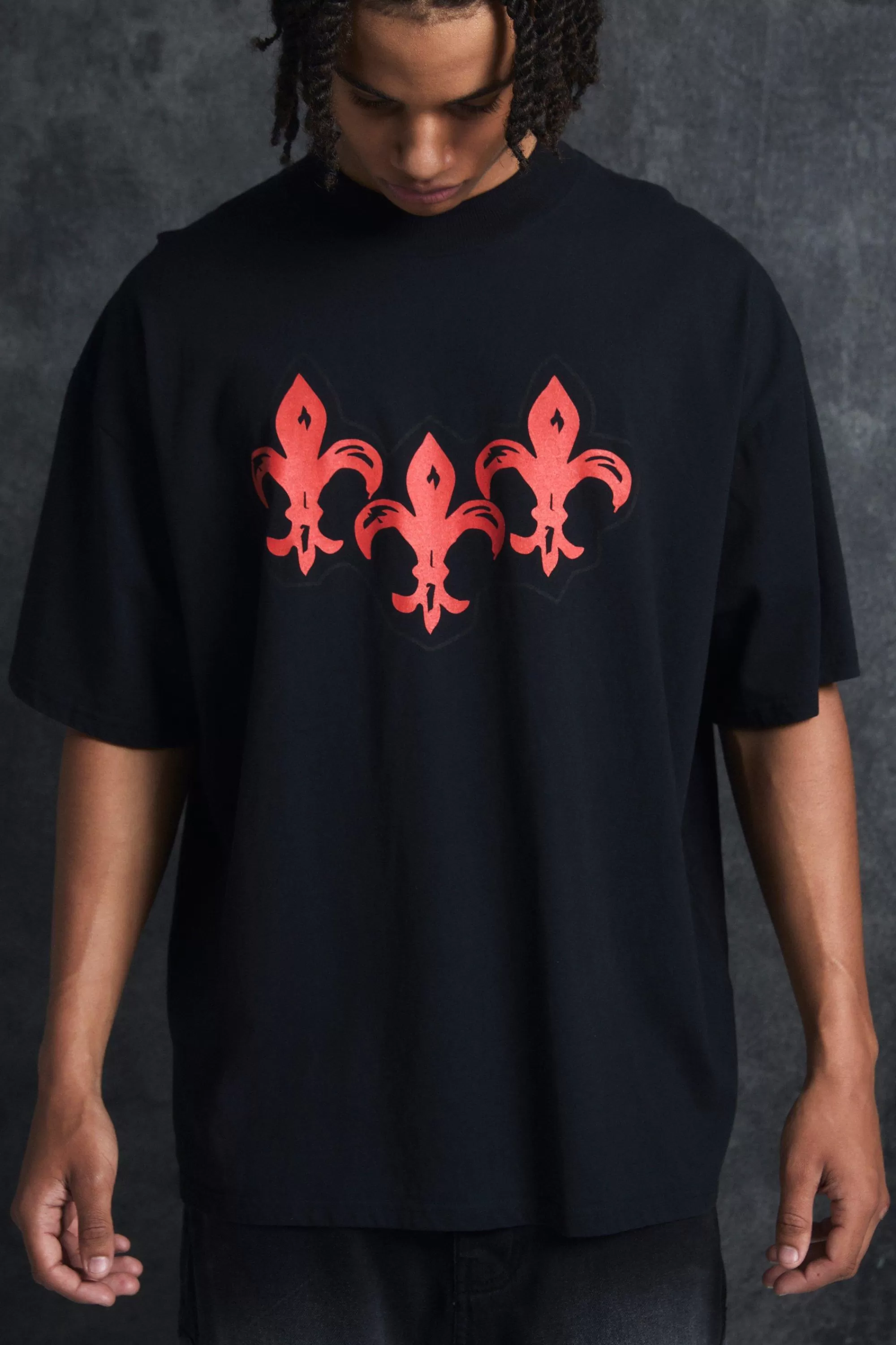 boohooMAN Trippie Redd Oversized Extended Neck Heavyweight Washed Fleur De Lis T-Shirt | UK black Hot