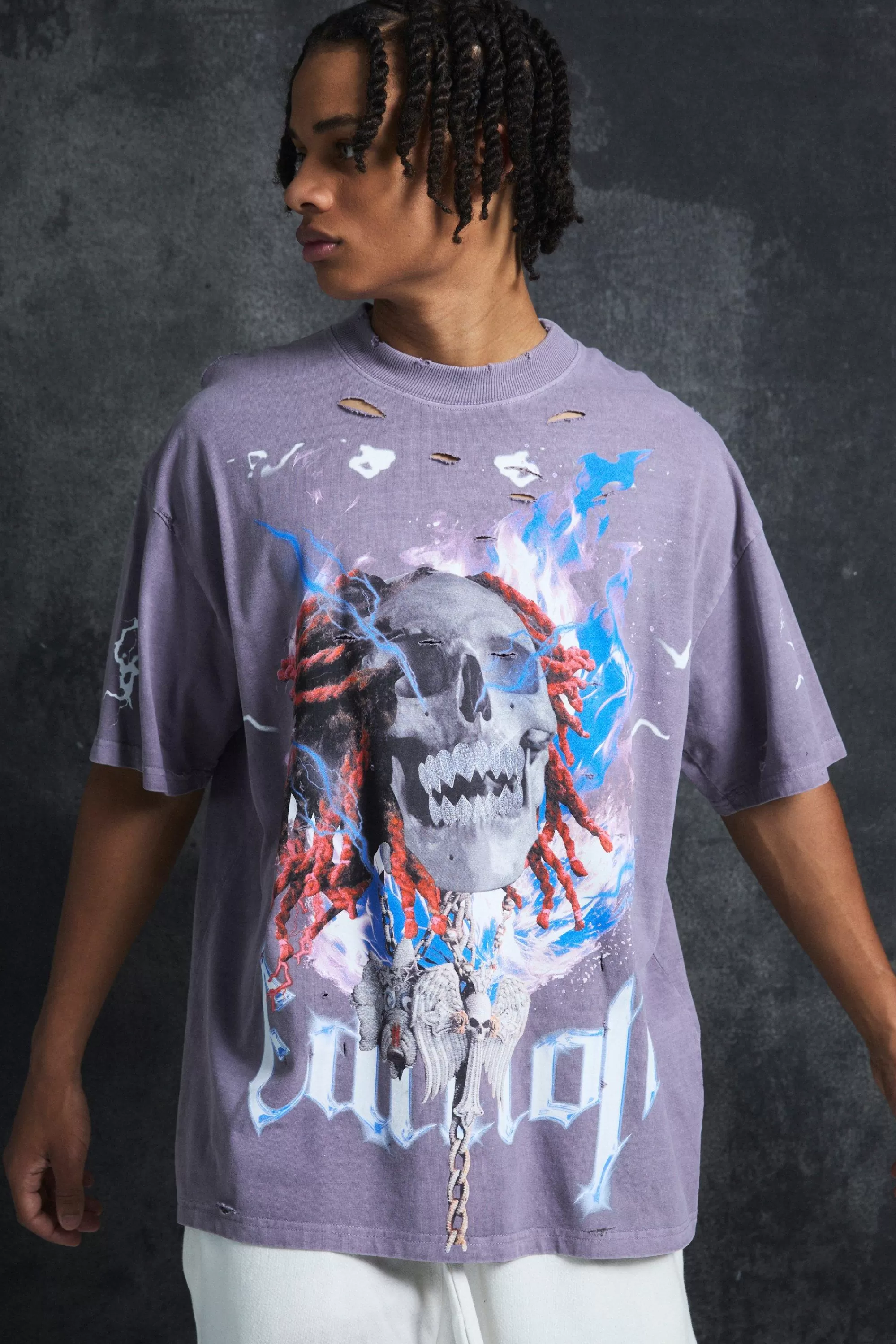 boohooMAN Trippie Redd Oversized Extended Neck Heavyweight Washed Graphic T-shirt | UK purple Best