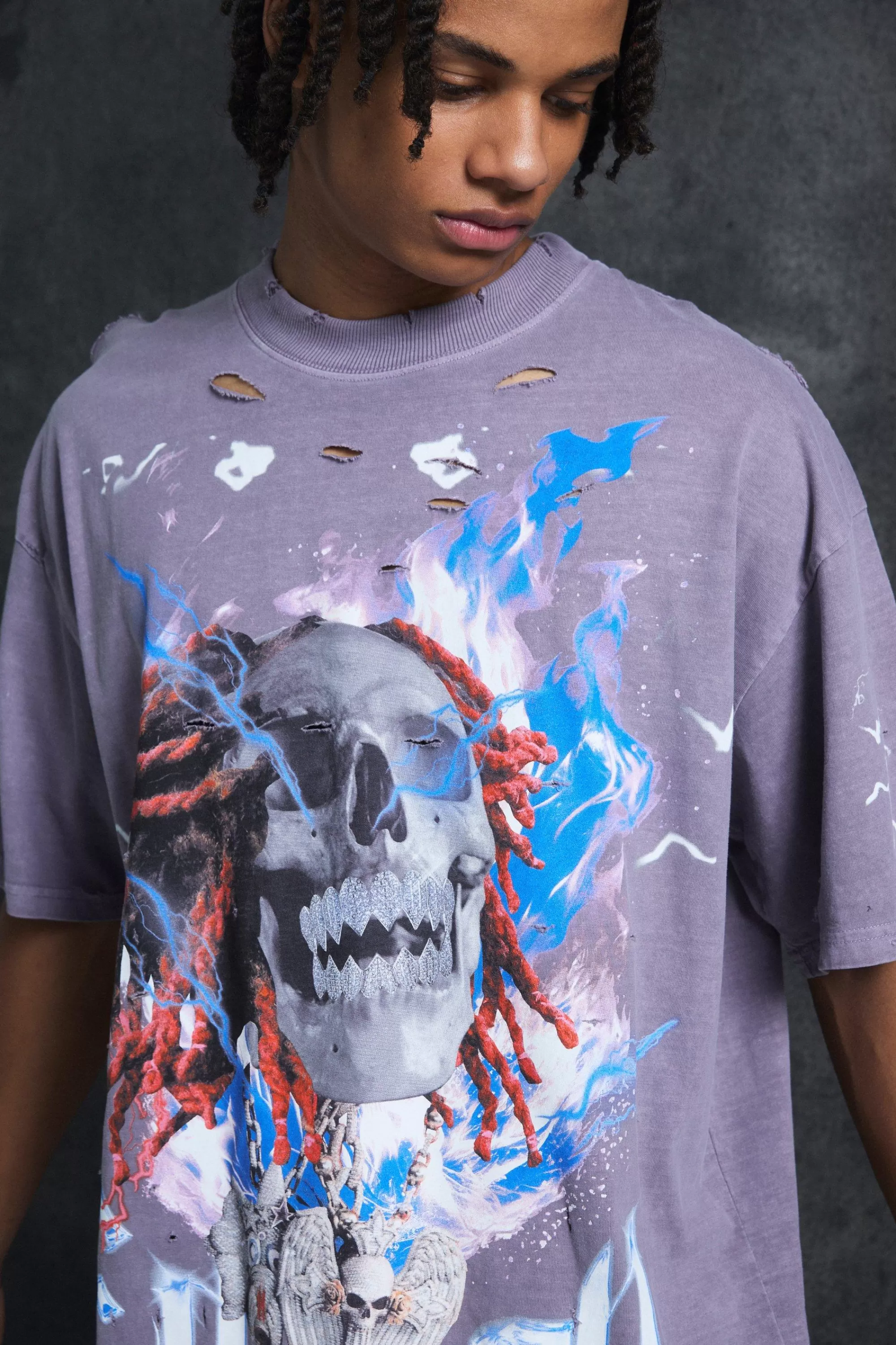 boohooMAN Trippie Redd Oversized Extended Neck Heavyweight Washed Graphic T-shirt | UK purple Best