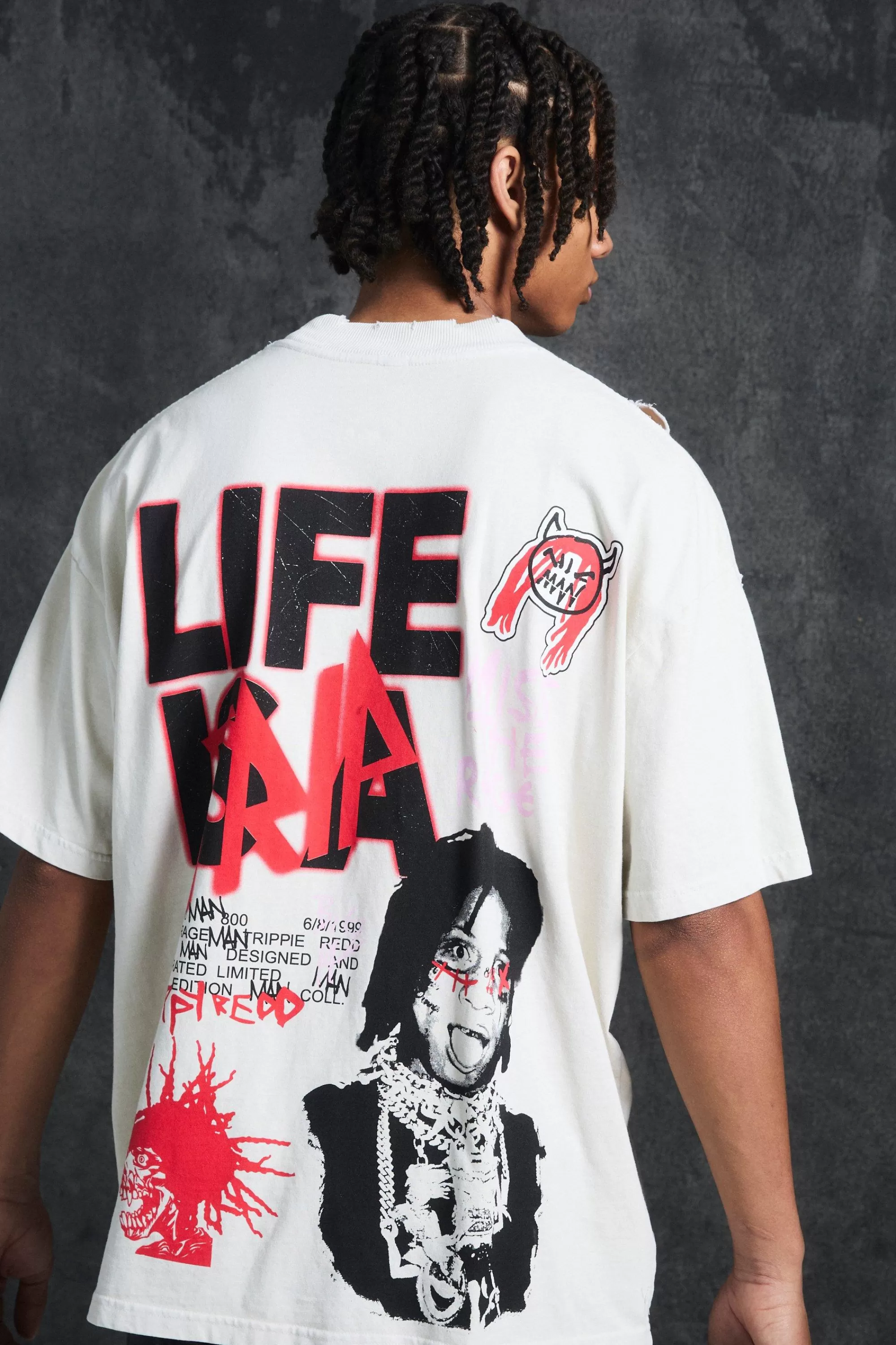 boohooMAN Trippie Redd Oversized Extended Neck Heavyweight Washed Life T-shirt | UK stone Sale
