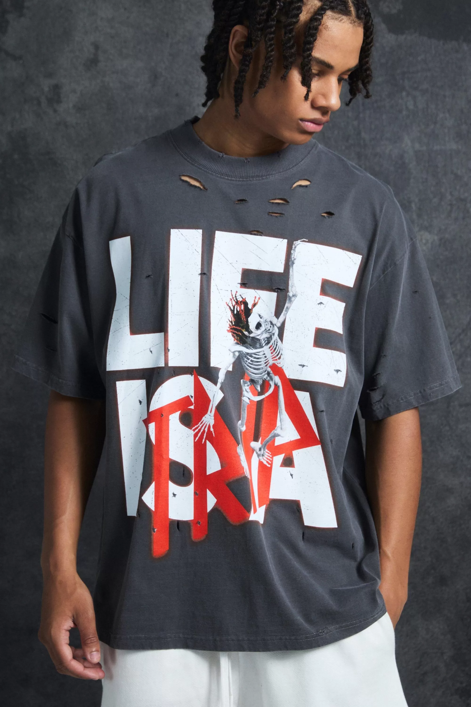 boohooMAN Trippie Redd Oversized Extended Neck Heavyweight Washed Life T-shirt | UK charcoal Discount