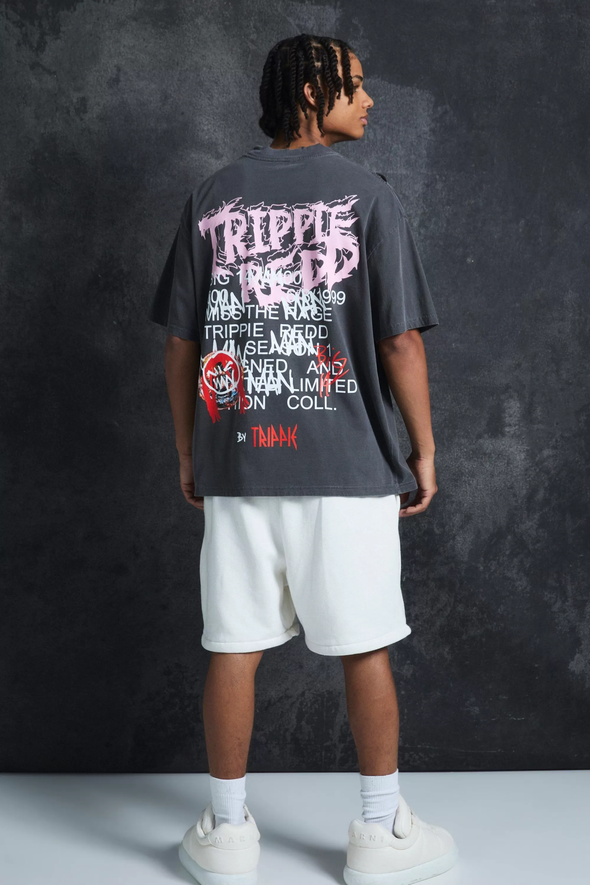 boohooMAN Trippie Redd Oversized Extended Neck Heavyweight Washed Life T-shirt | UK charcoal Discount