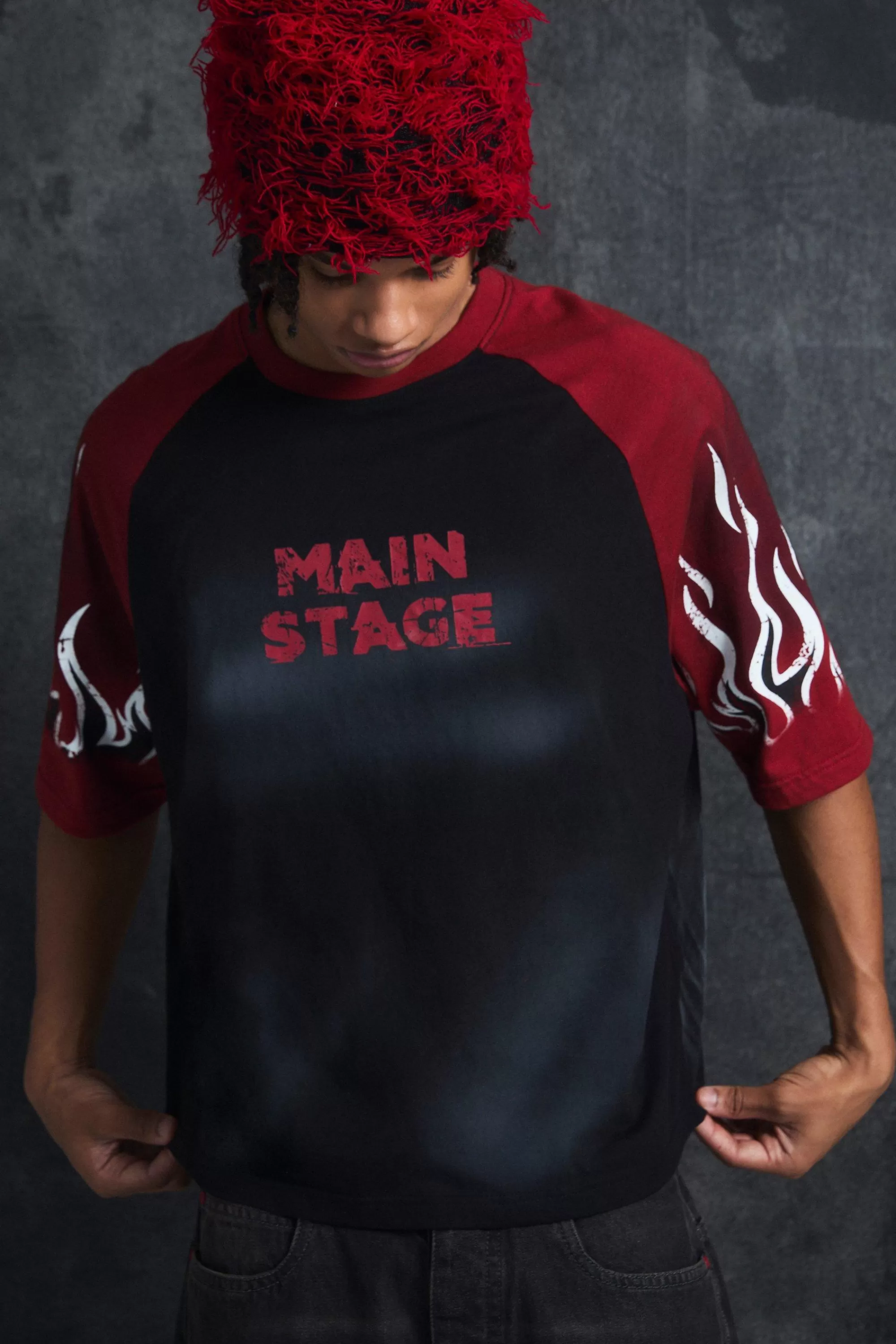 boohooMAN Trippie Redd Oversized Heavy Washed Raglan Flame T-shirt | UK black Store