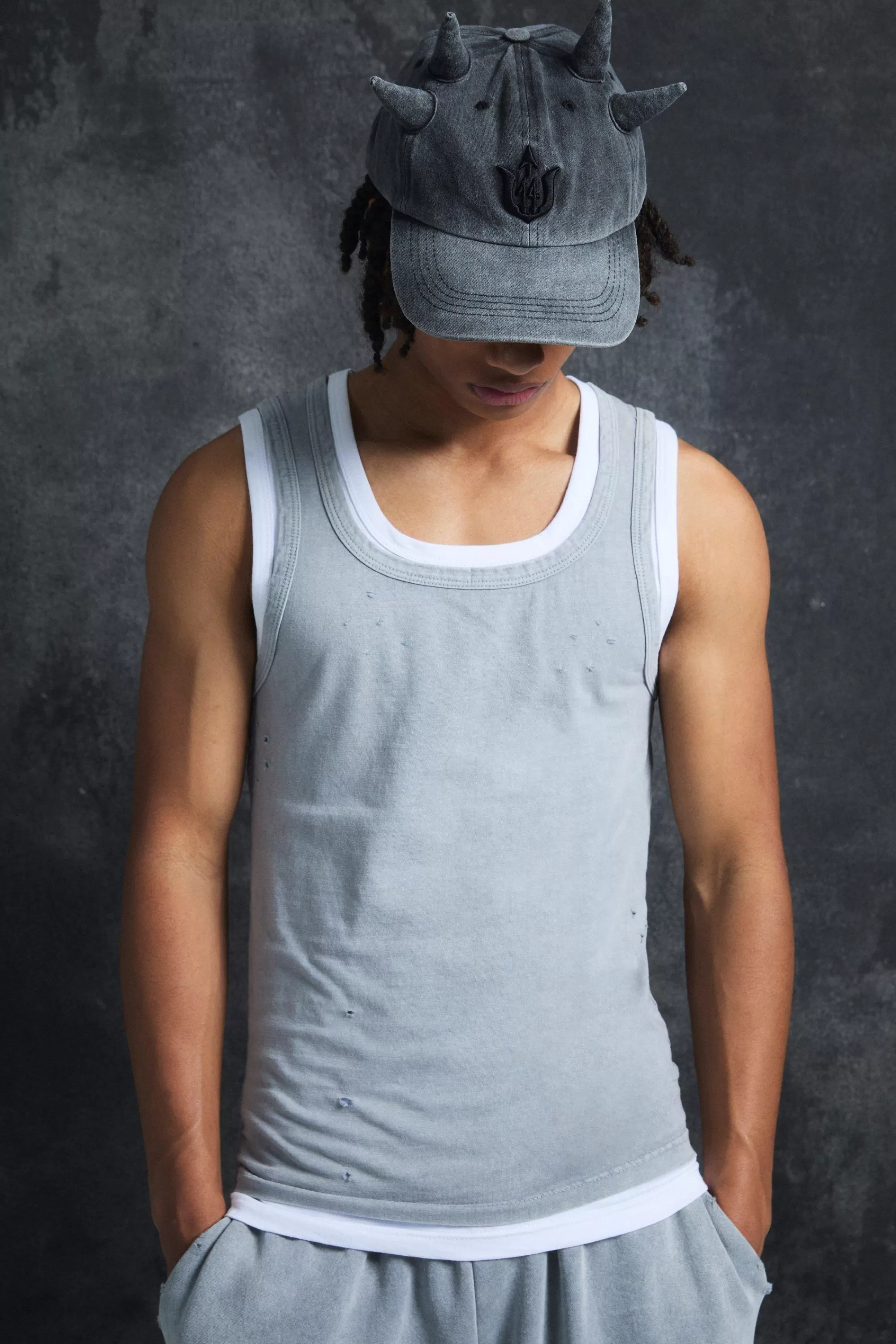 boohooMAN Trippie Redd Slim Washed & Distressed Faux Layer Vest | UK light grey Online