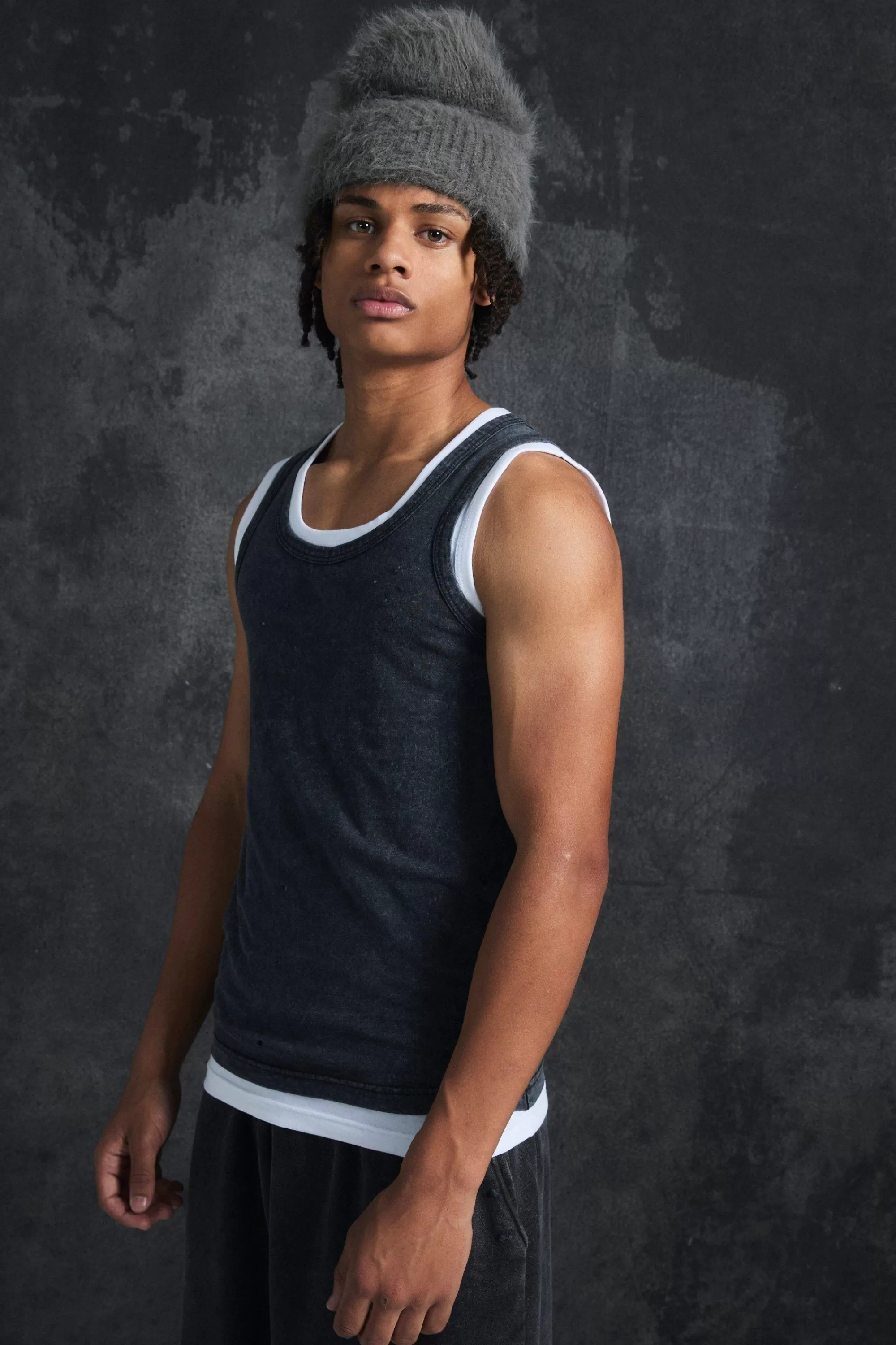boohooMAN Trippie Redd Slim Washed & Distressed Faux Layer Vest | UK black Fashion