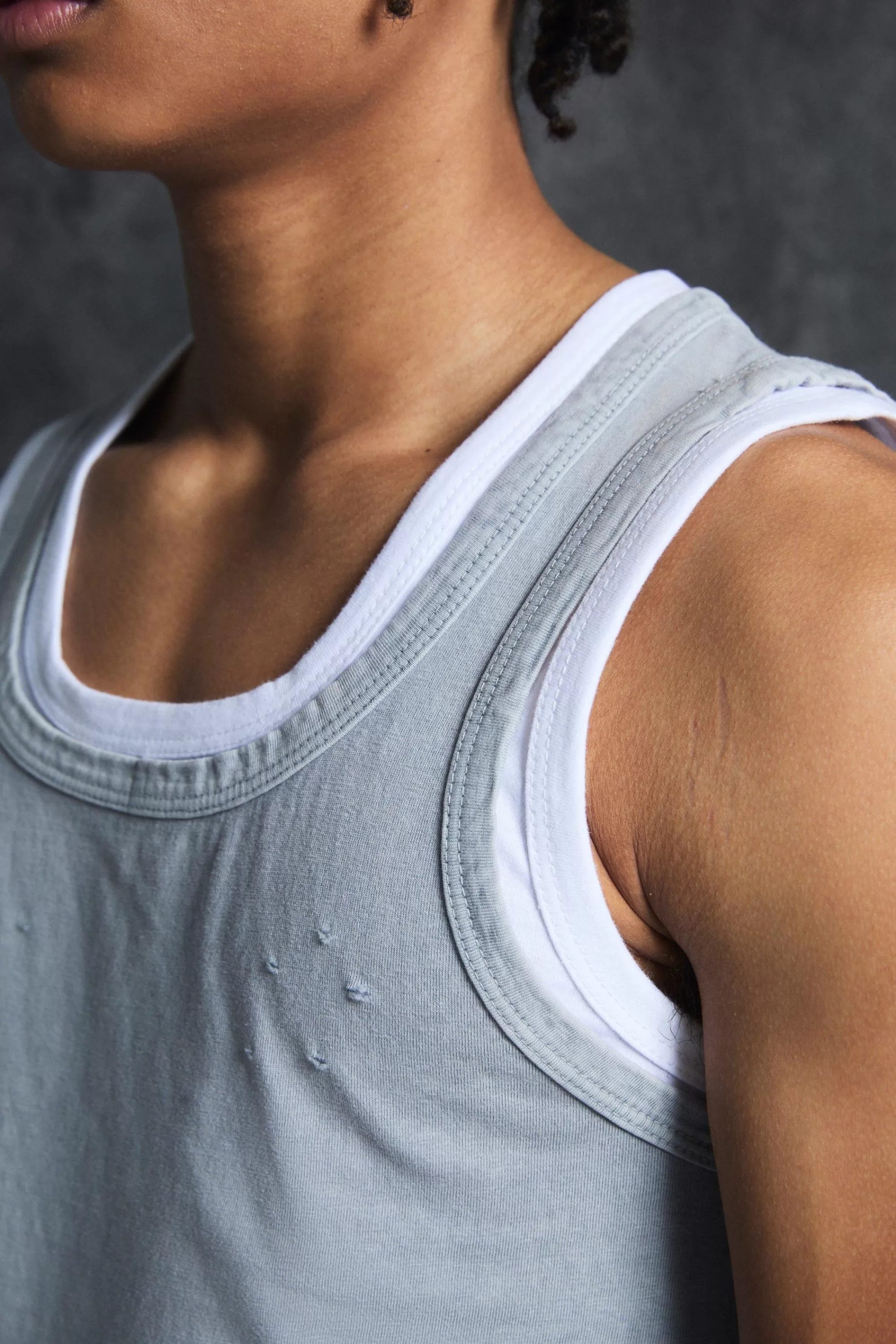 boohooMAN Trippie Redd Slim Washed & Distressed Faux Layer Vest | UK light grey Online