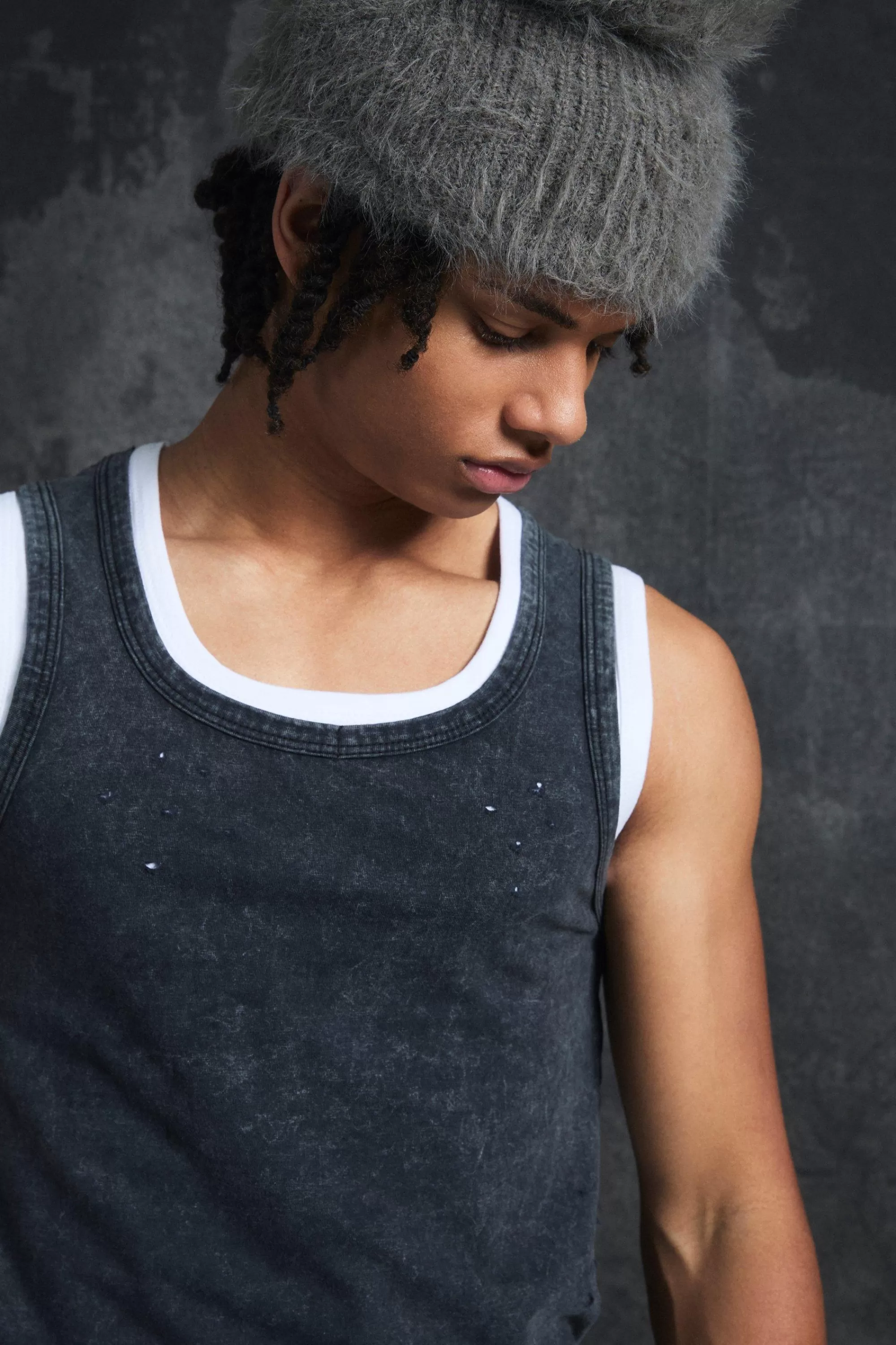 boohooMAN Trippie Redd Slim Washed & Distressed Faux Layer Vest | UK black Fashion