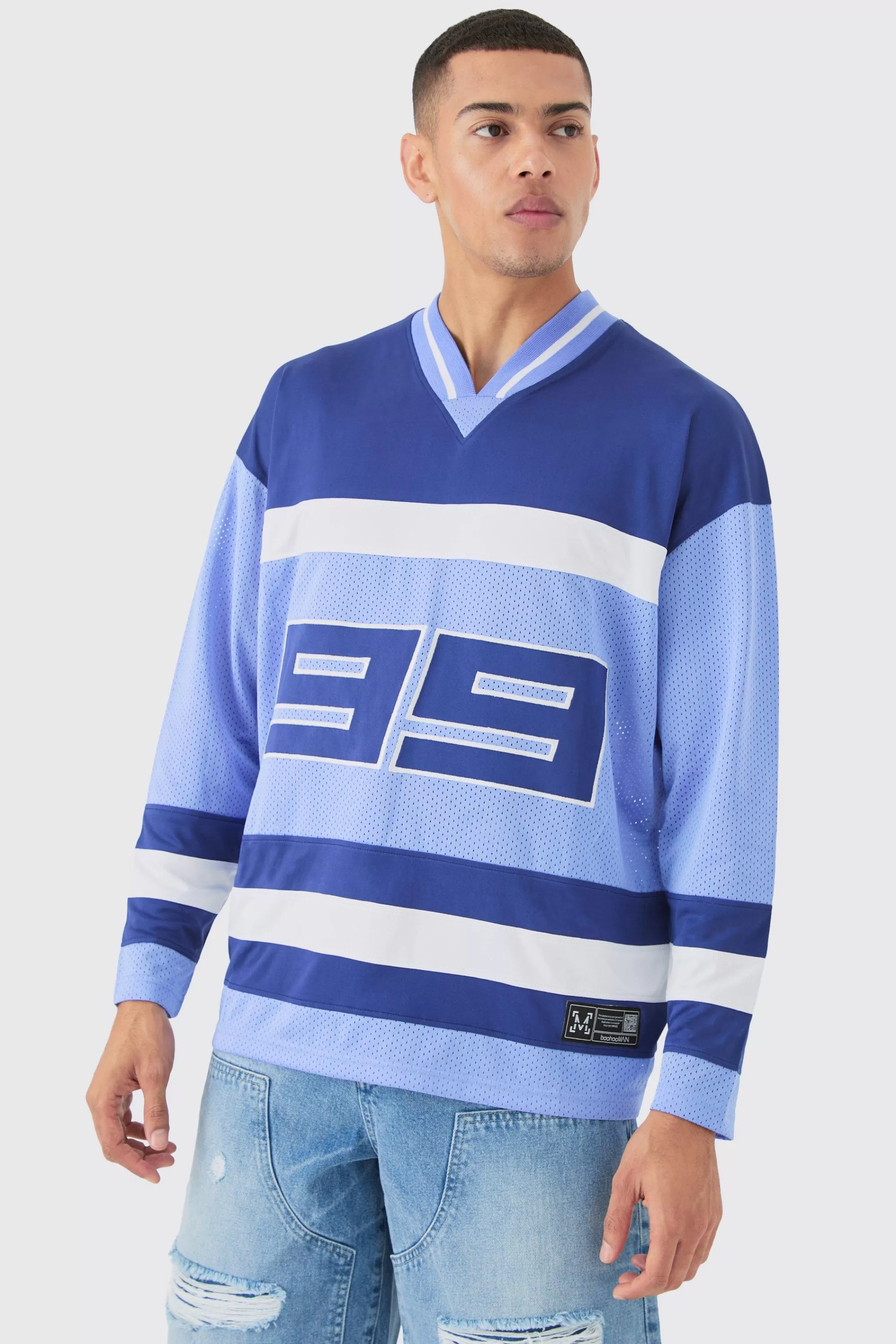 boohooMAN V Neck Colour Block Mesh Long Sleeve T-shirt | UK cobalt Cheap