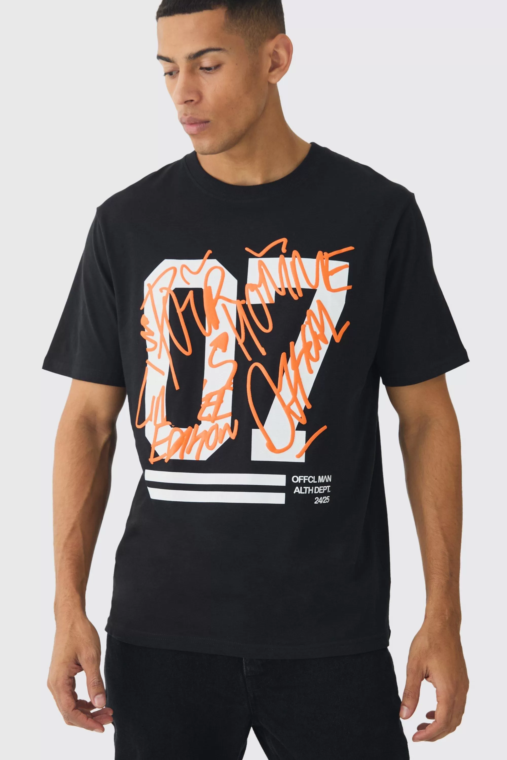 boohooMAN Varsity Graffiti Puff Print T-Shirt | UK black Best Sale