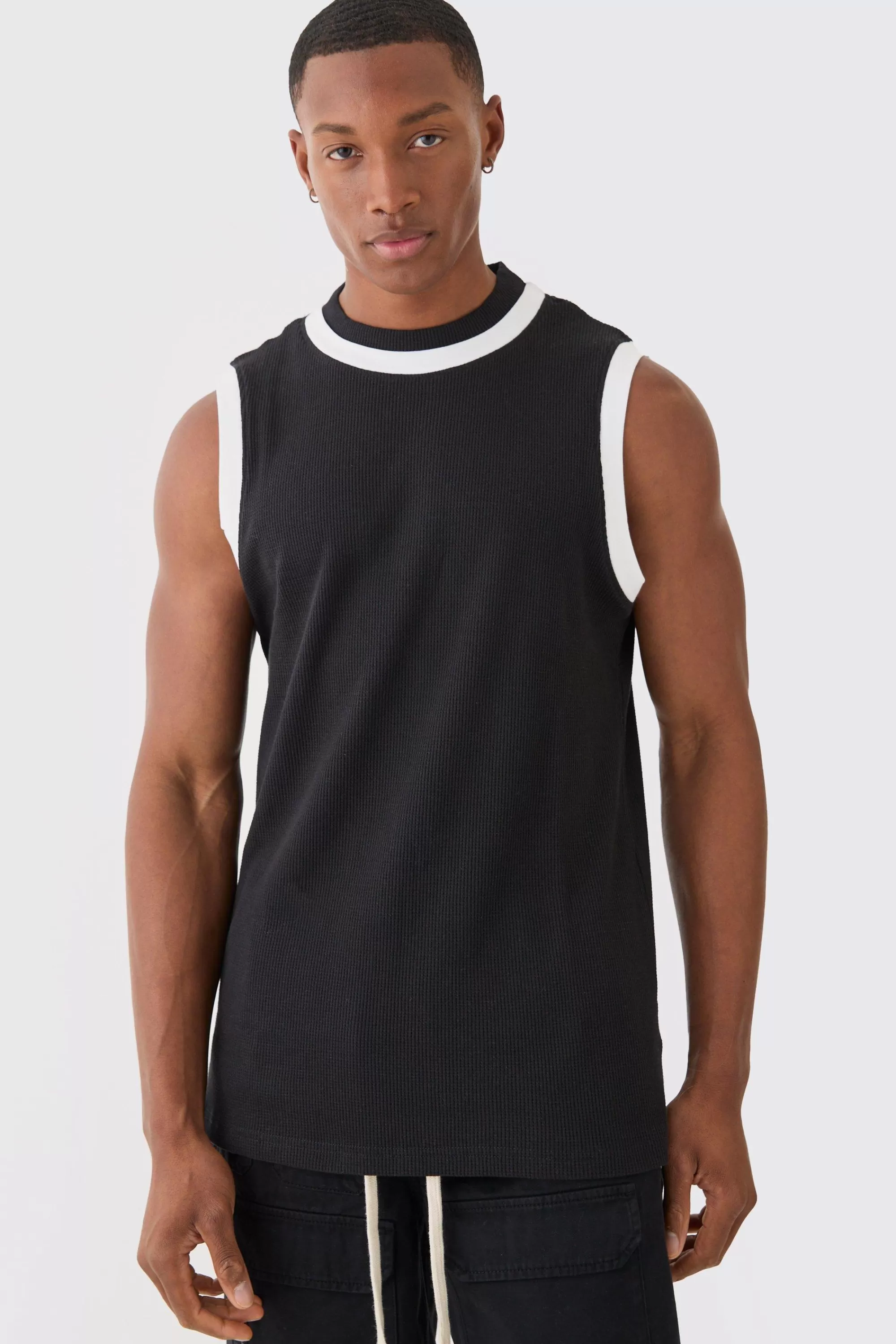 boohooMAN Waffle And Interlock Colour Block Tank | UK black Store