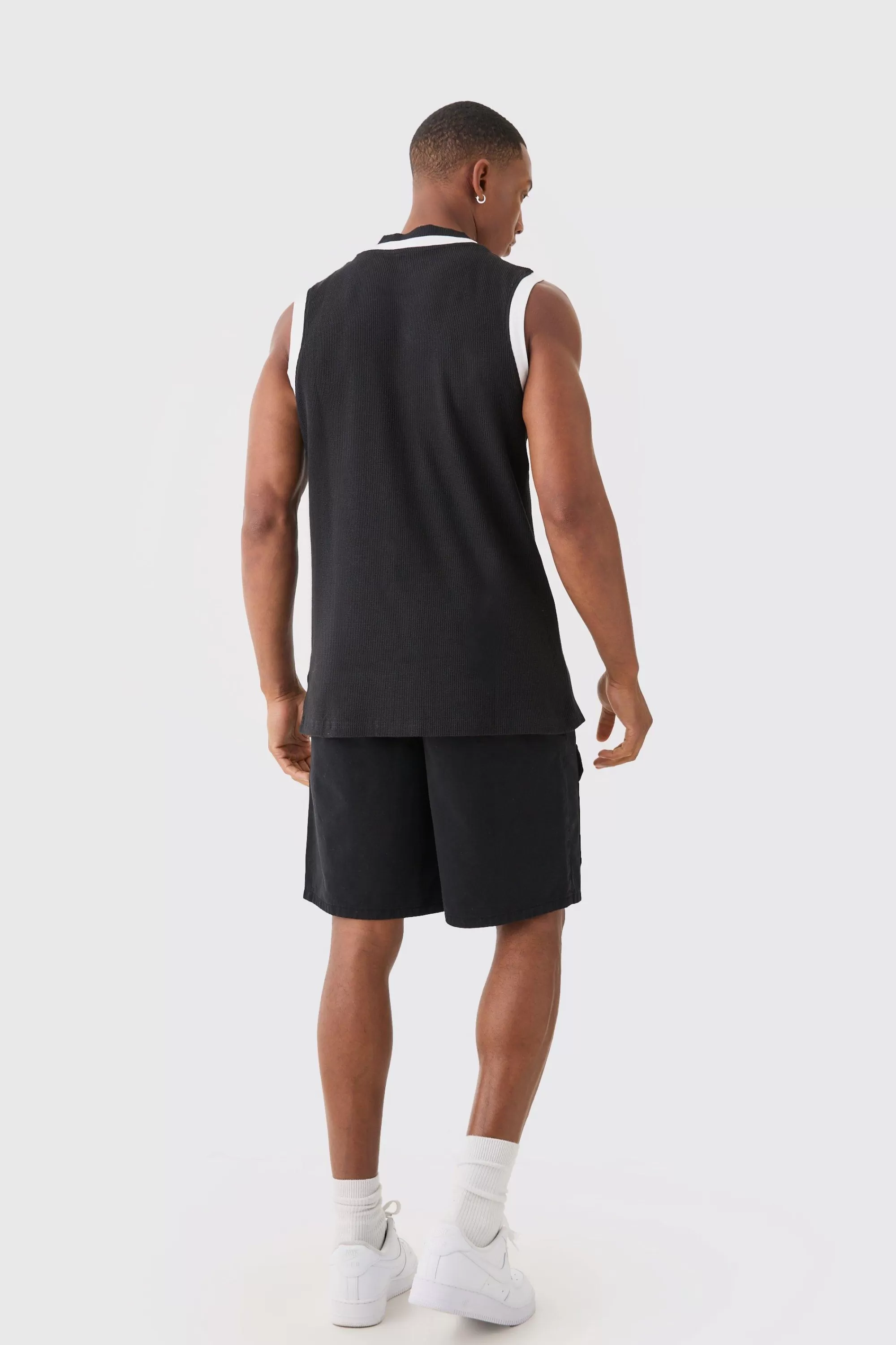 boohooMAN Waffle And Interlock Colour Block Tank | UK black Store