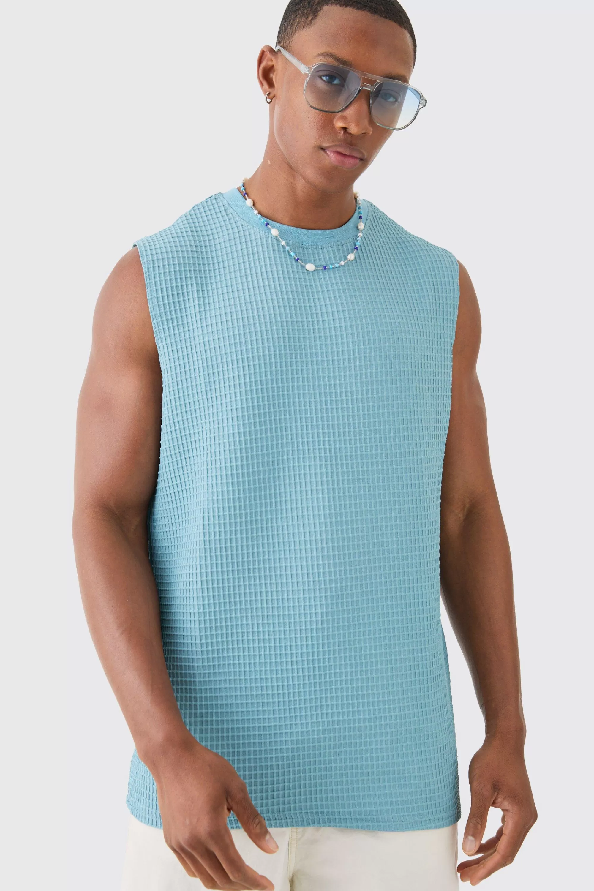 boohooMAN Waffle Tank | UK dusty blue New