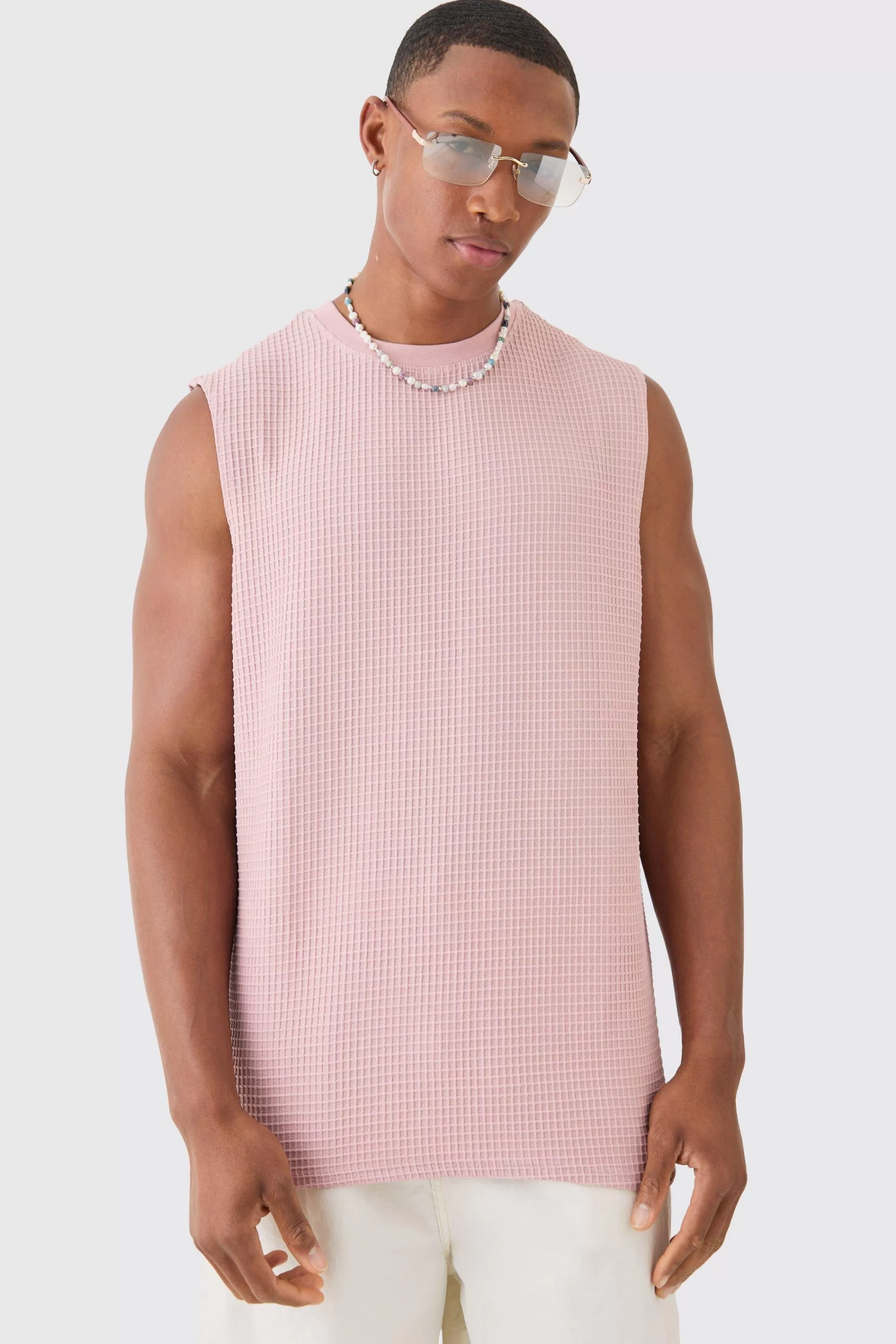 boohooMAN Waffle Tank | UK dusty pink Discount