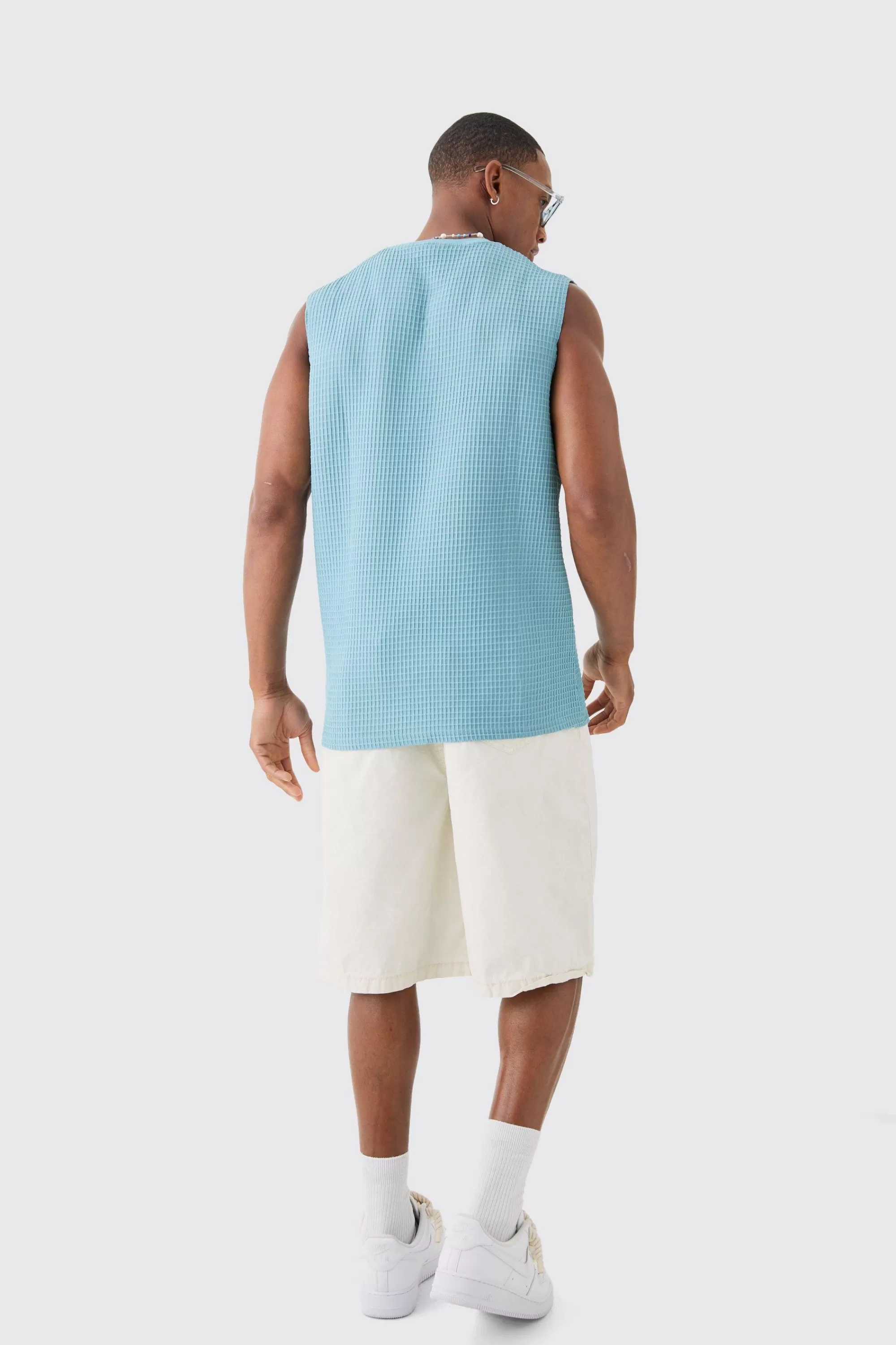 boohooMAN Waffle Tank | UK dusty blue New