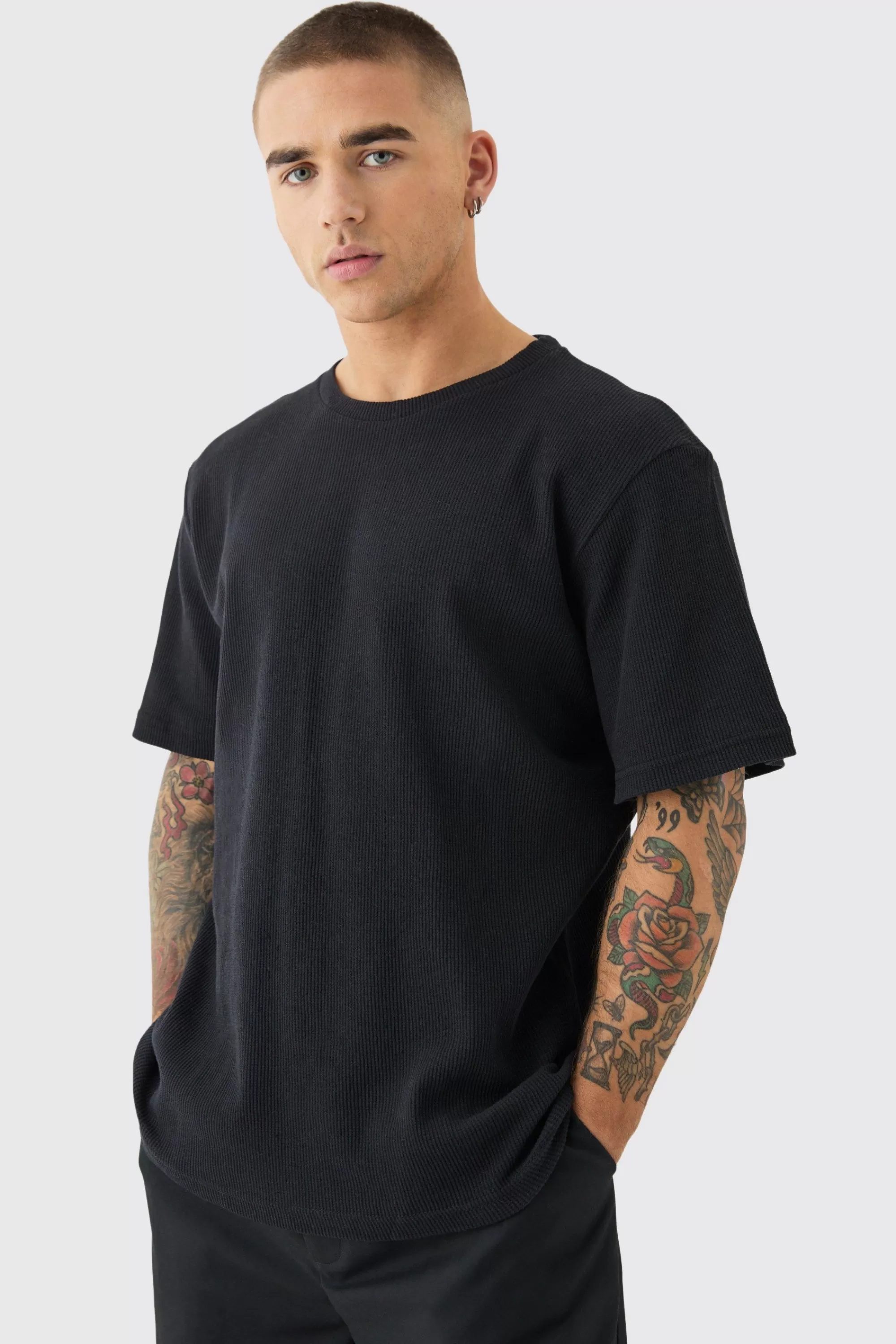 boohooMAN Waffle T-shirt | UK black Store