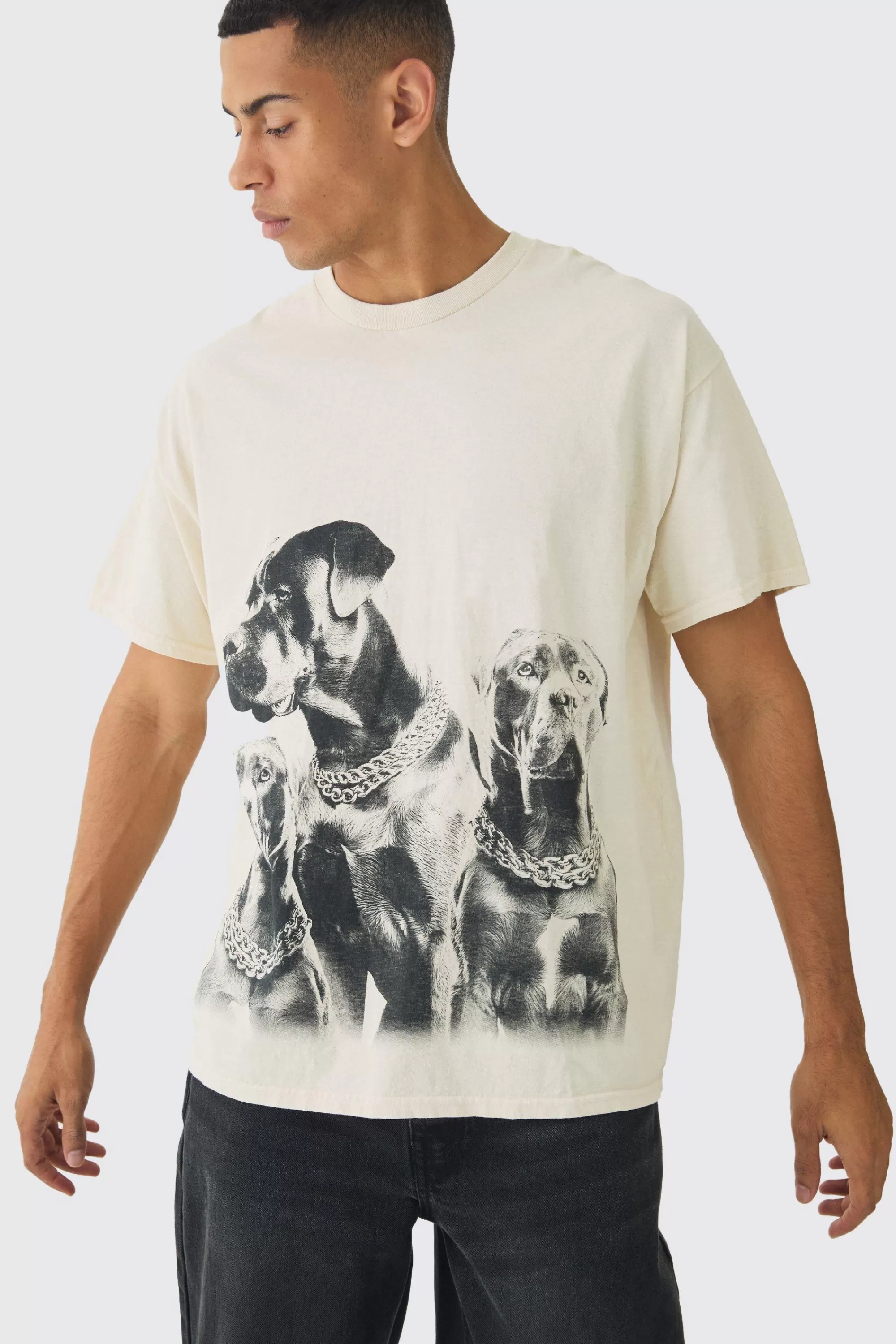 boohooMAN Washed Dog Graphic T-Shirt | UK ecru Flash Sale