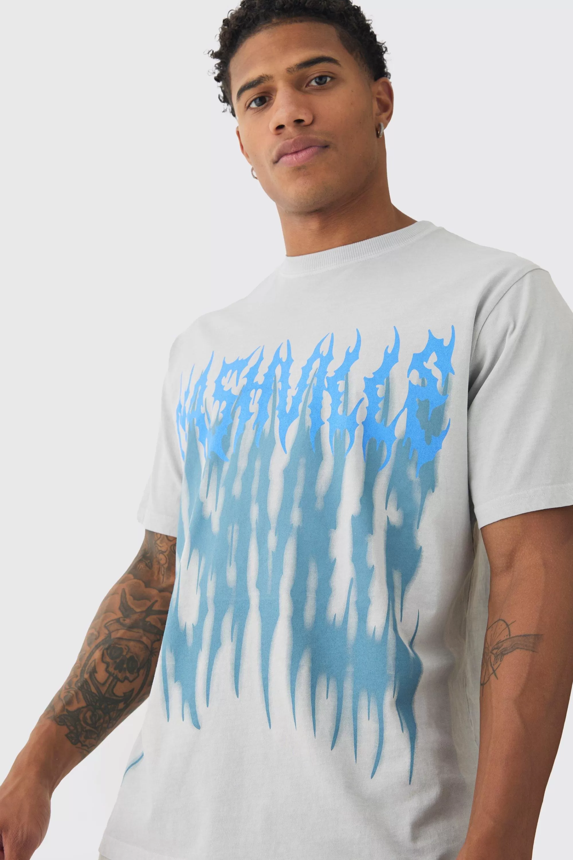 boohooMAN Washed Gothic Printed T-Shirt | UK grey Shop