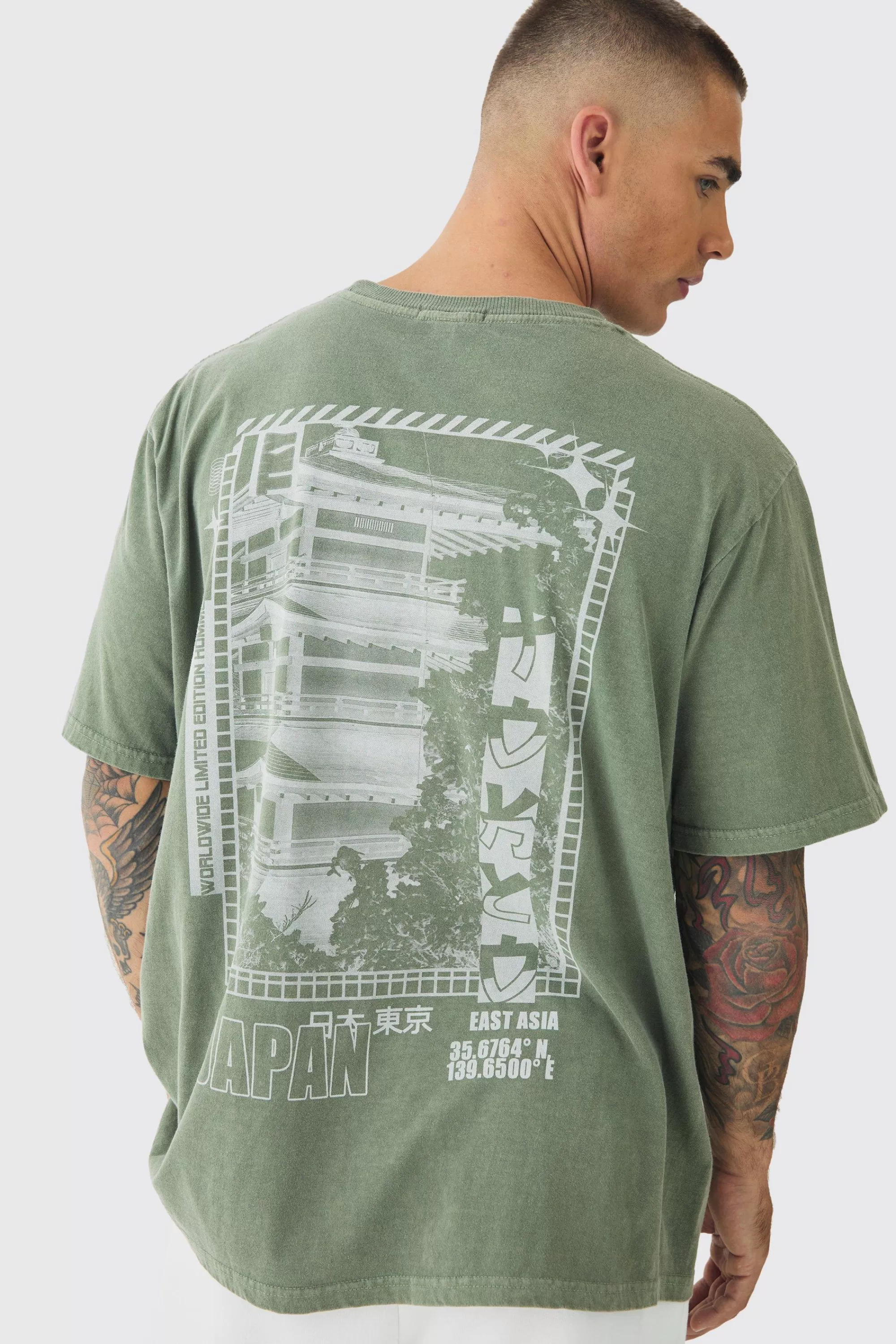 boohooMAN Washed Japan Back Print T-Shirt | UK sage Flash Sale