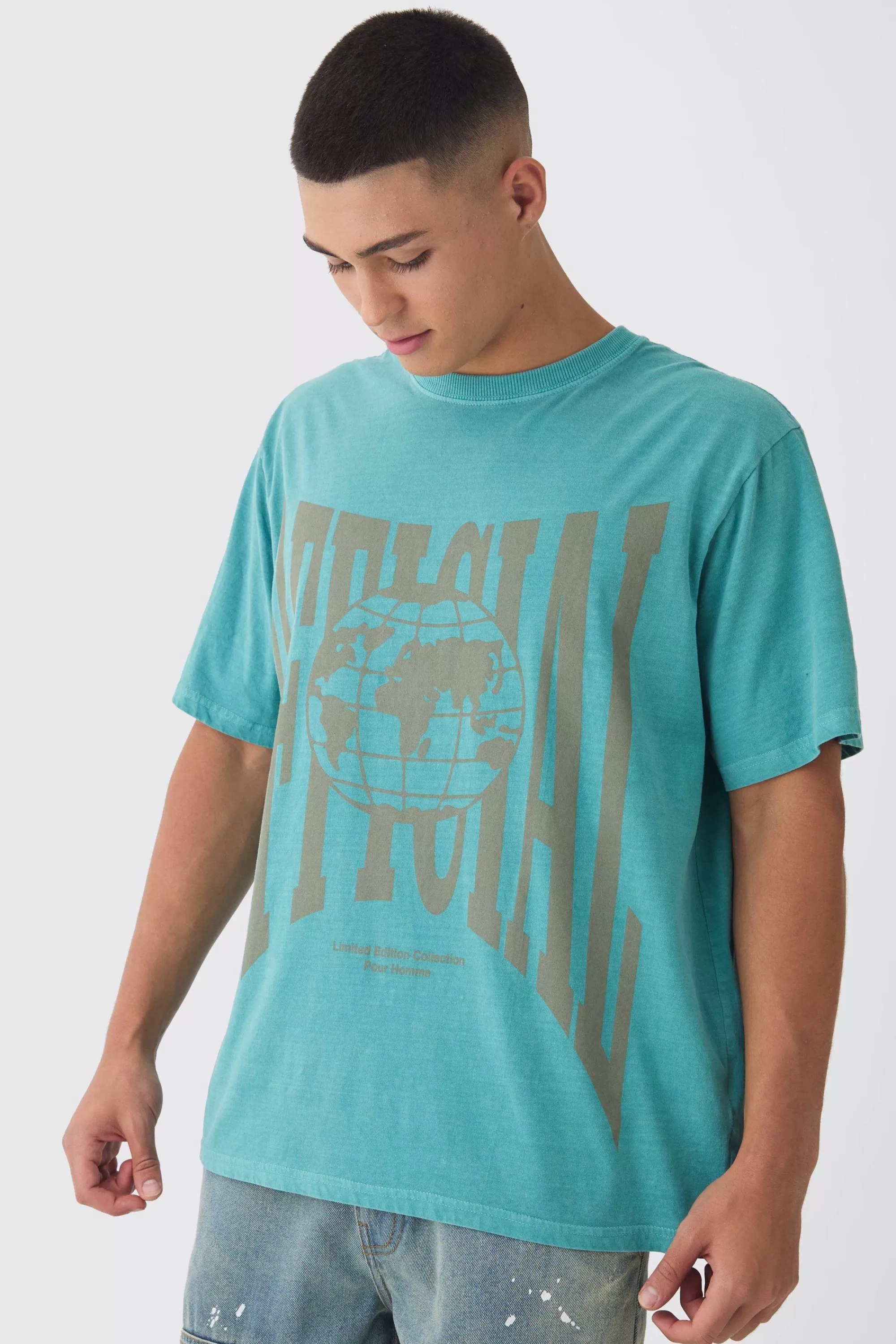 boohooMAN Washed Official Globe Print T-Shirt | UK teal Best Sale