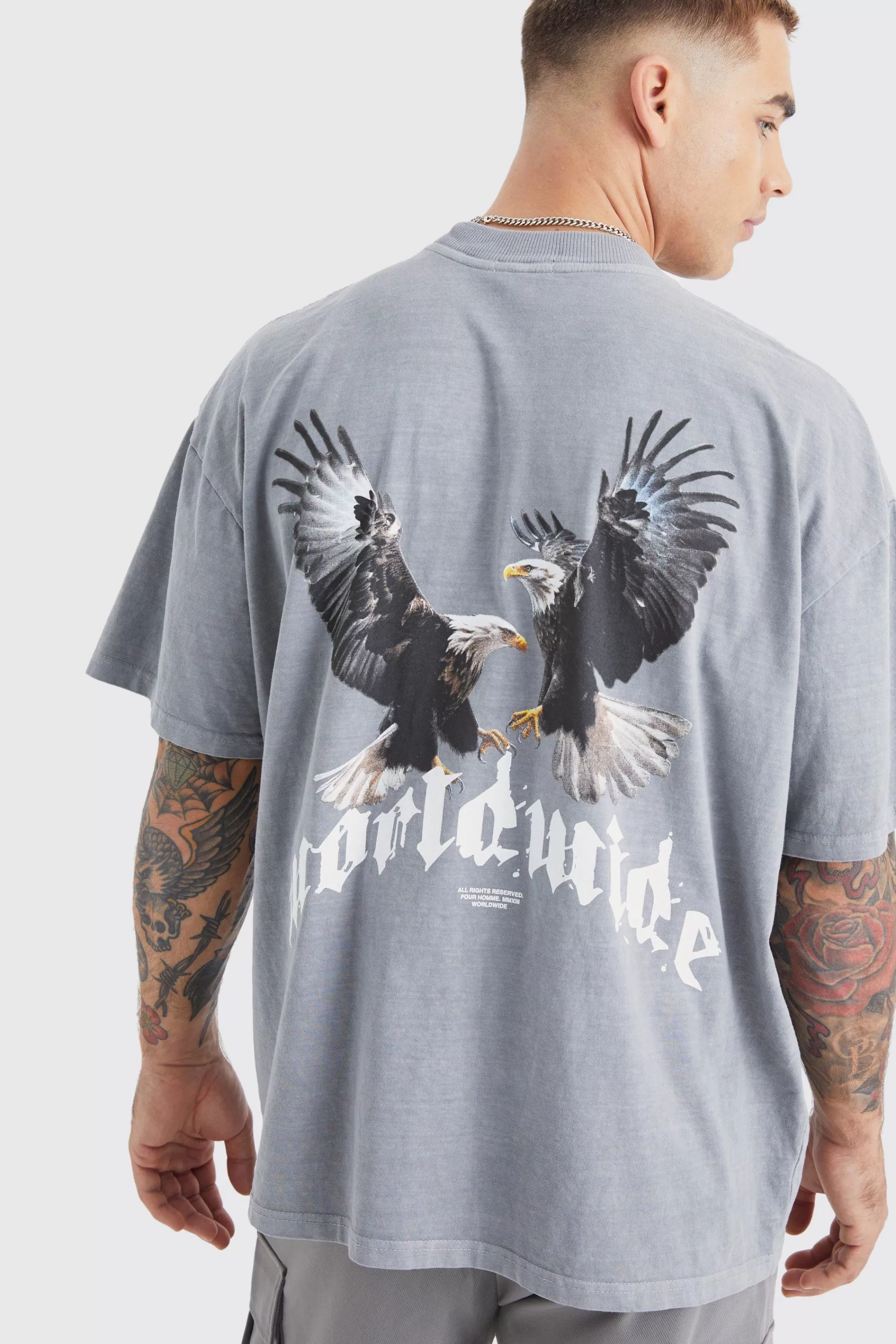 boohooMAN Washed Oversized Extended Neck Eagle Graphic T-shirt | UK grey Clearance
