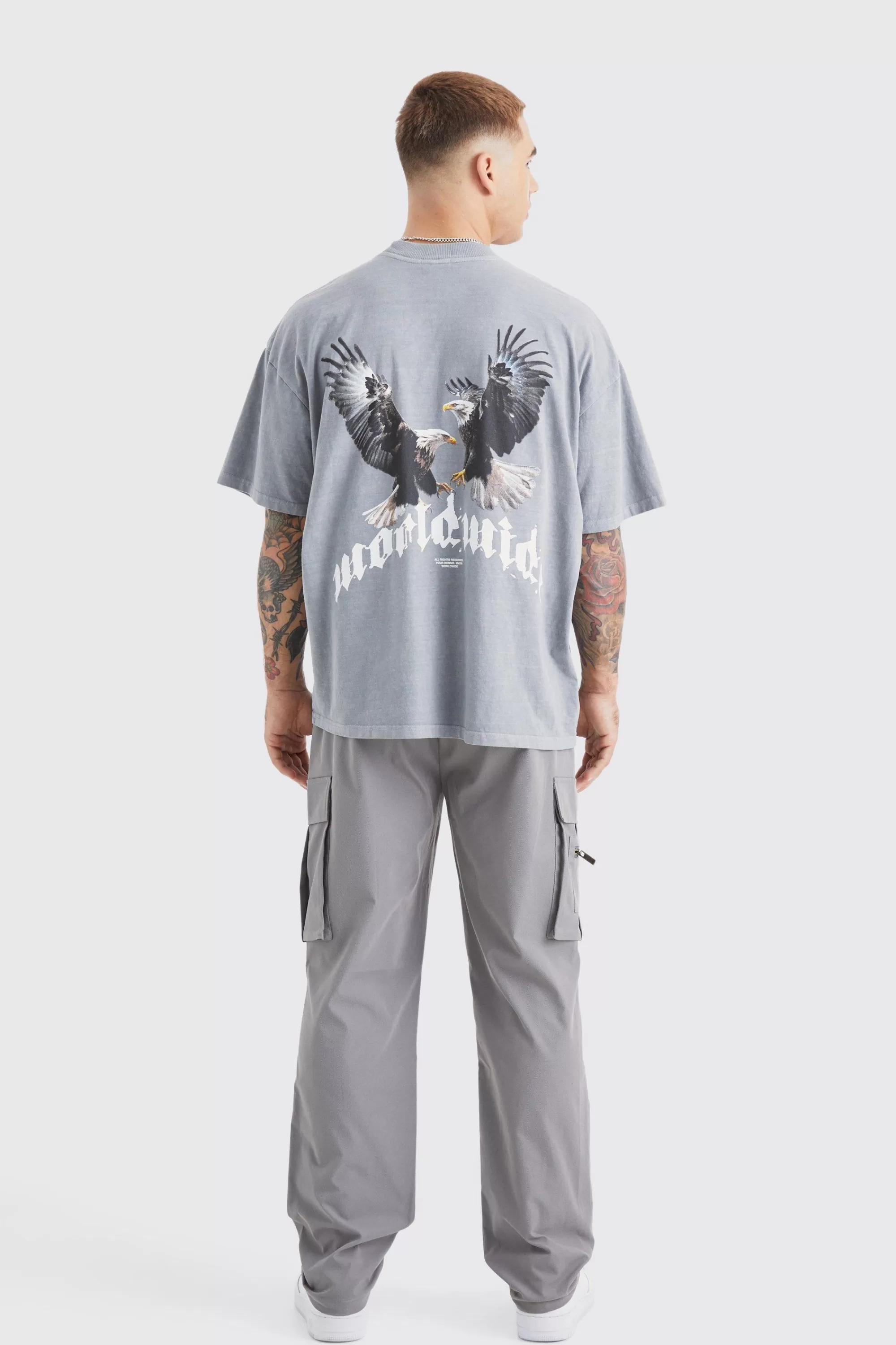 boohooMAN Washed Oversized Extended Neck Eagle Graphic T-shirt | UK grey Clearance