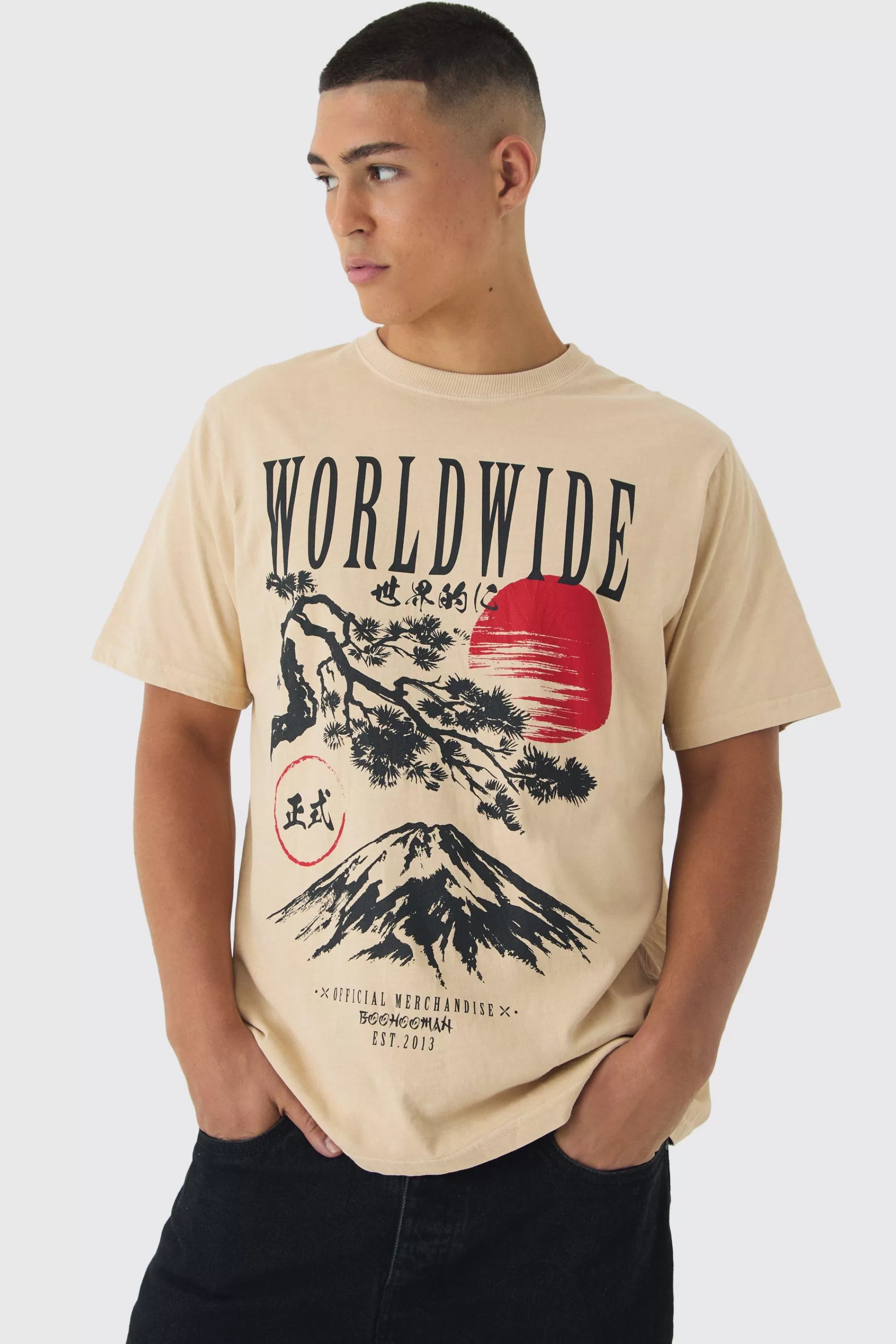 boohooMAN Washed Worldwide Mountain Print T-Shirt | UK ecru Flash Sale
